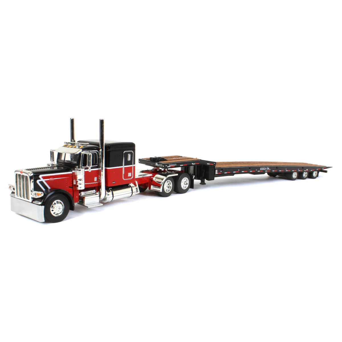 1/64 Peterbilt 389 Semi Truck with Talbert 5553TA Traveling-Axle Trailer, Black/Red, DCP by First Gear