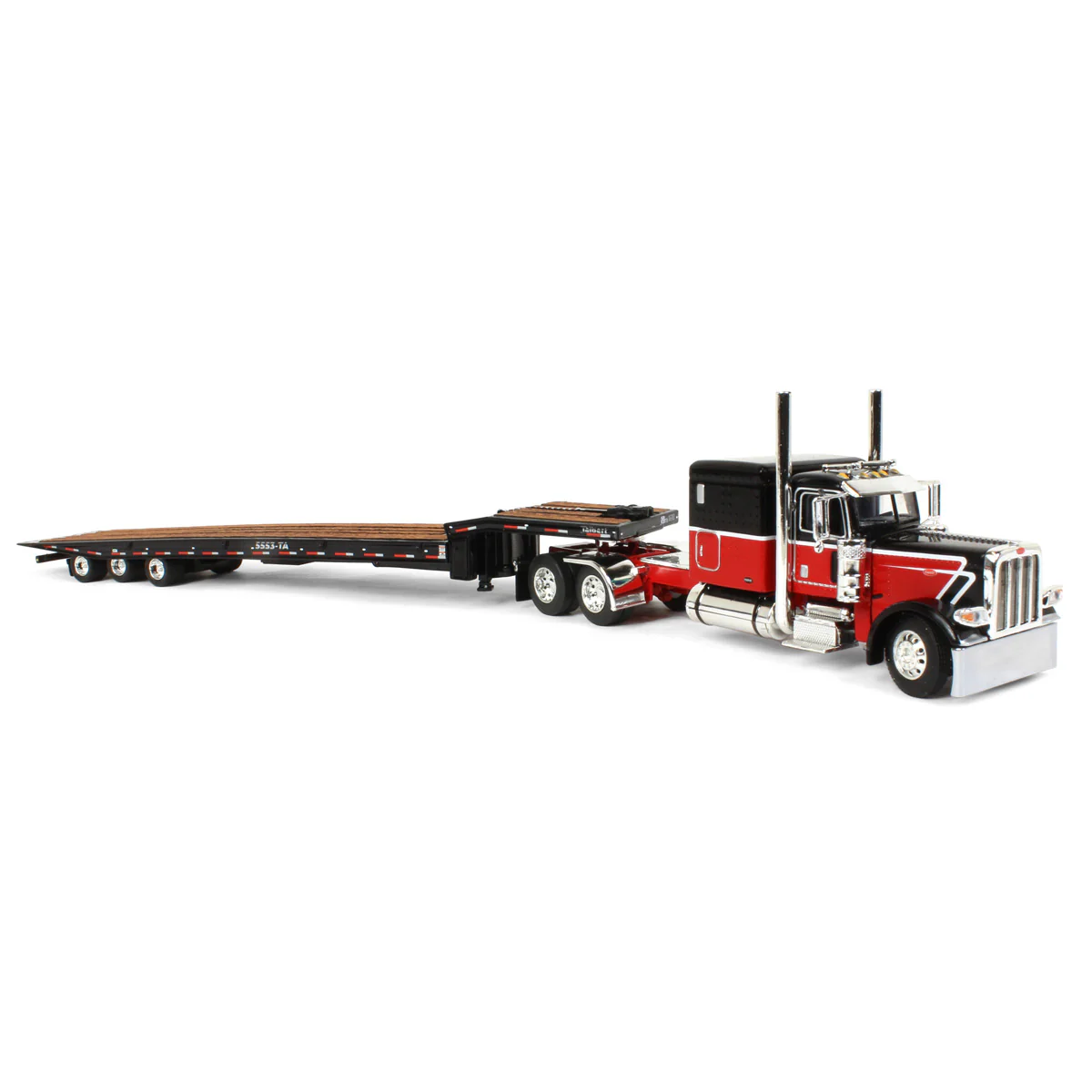 1/64 Peterbilt 389 Semi Truck with Talbert 5553TA Traveling-Axle Trailer, Black/Red, DCP by First Gear - Image 2
