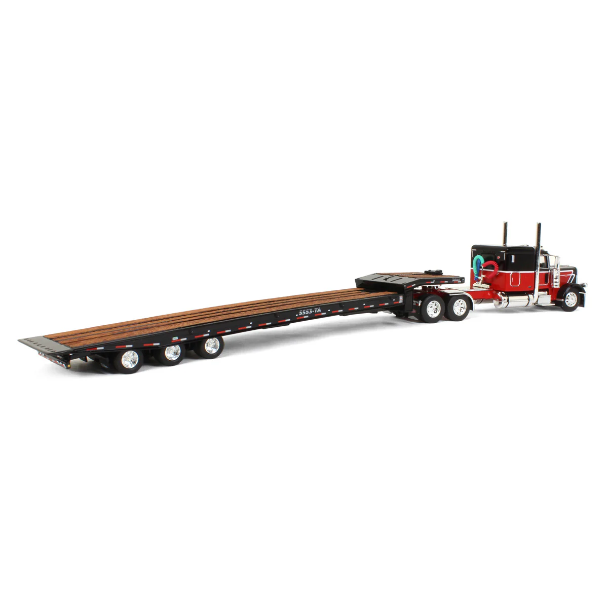 1/64 Peterbilt 389 Semi Truck with Talbert 5553TA Traveling-Axle Trailer, Black/Red, DCP by First Gear - Image 3