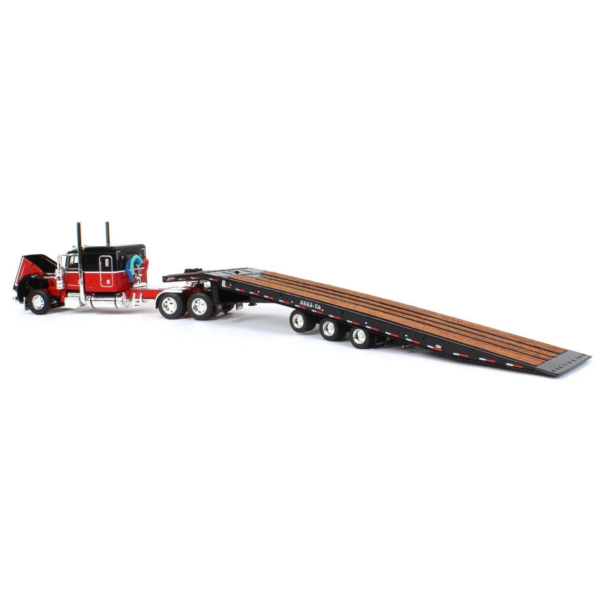 1/64 Peterbilt 389 Semi Truck with Talbert 5553TA Traveling-Axle Trailer, Black/Red, DCP by First Gear - Image 4