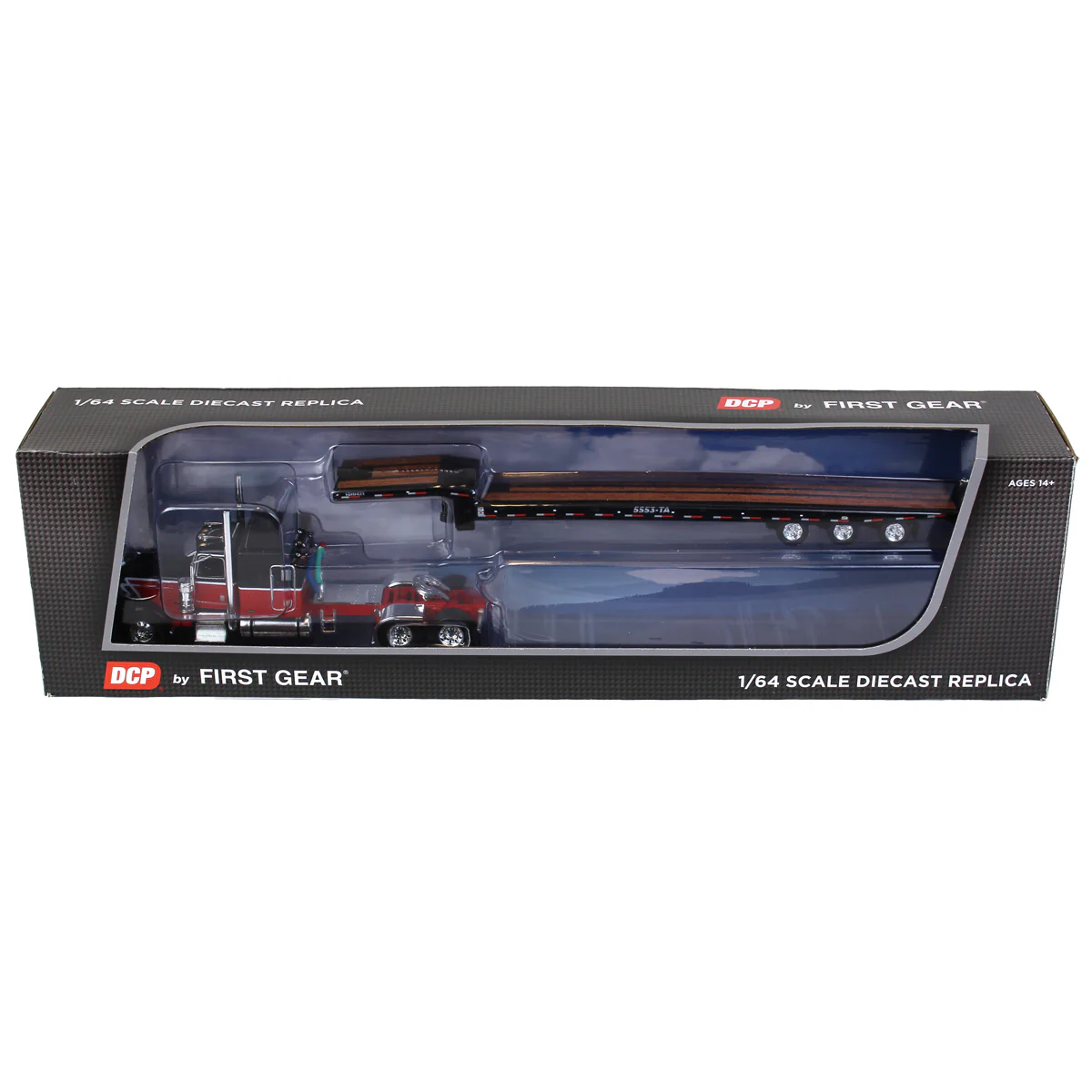 1/64 Peterbilt 389 Semi Truck with Talbert 5553TA Traveling-Axle Trailer, Black/Red, DCP by First Gear - Image 5