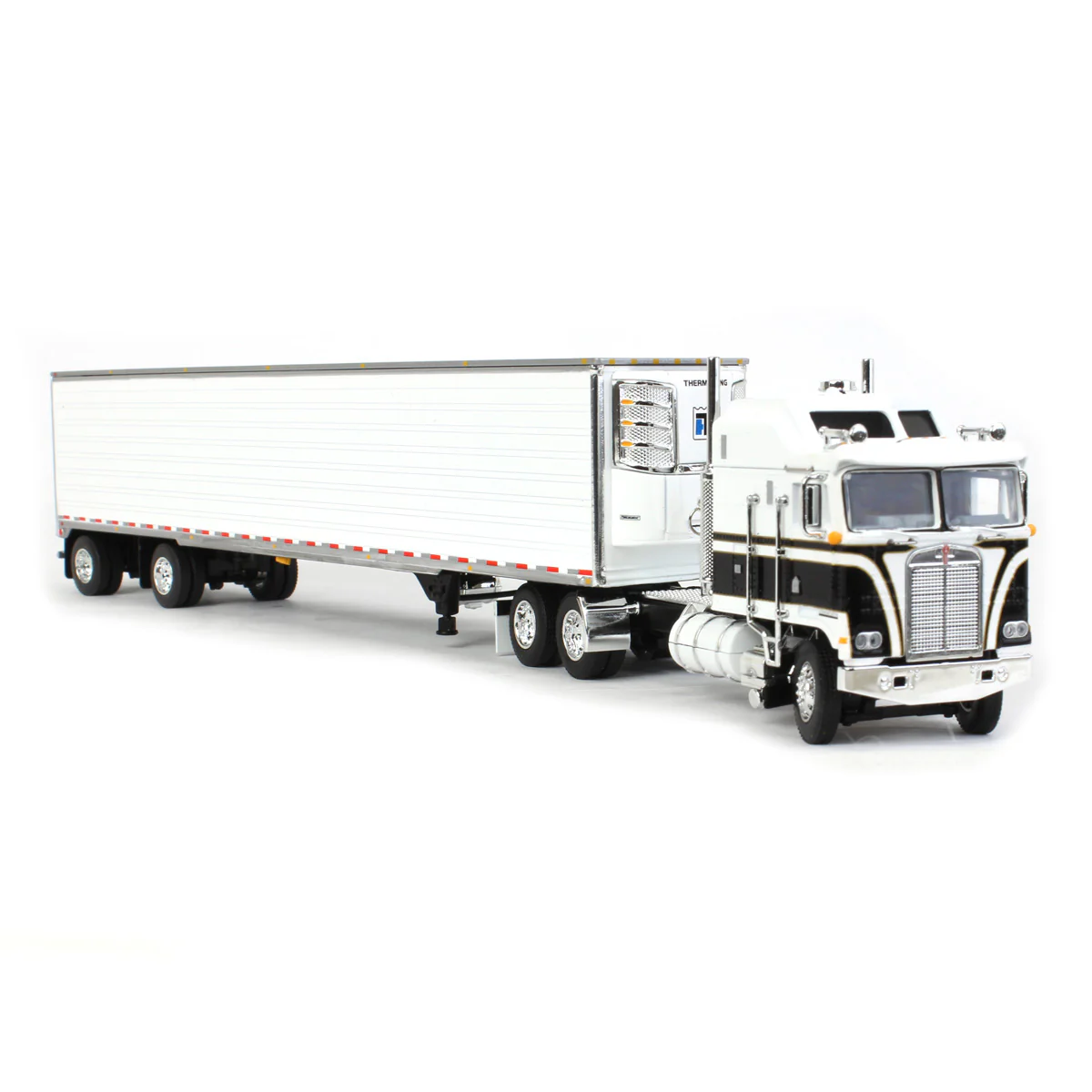 1/64 Kenworth K100 Aerodyne Long Frame Semi Truck with White Reefer Trailer, Black/White, DCP by First Gear - Image 2