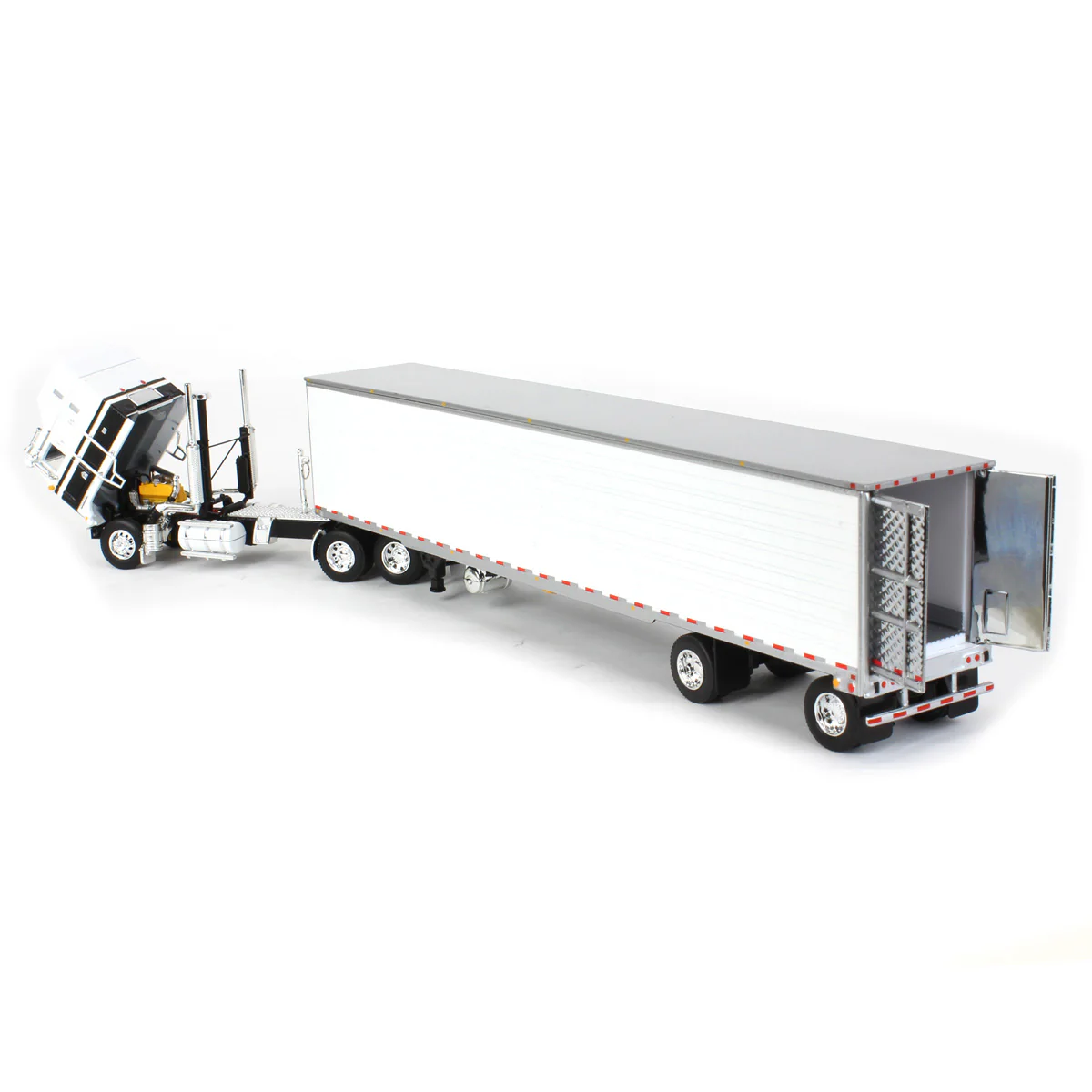 1/64 Kenworth K100 Aerodyne Long Frame Semi Truck with White Reefer Trailer, Black/White, DCP by First Gear - Image 4