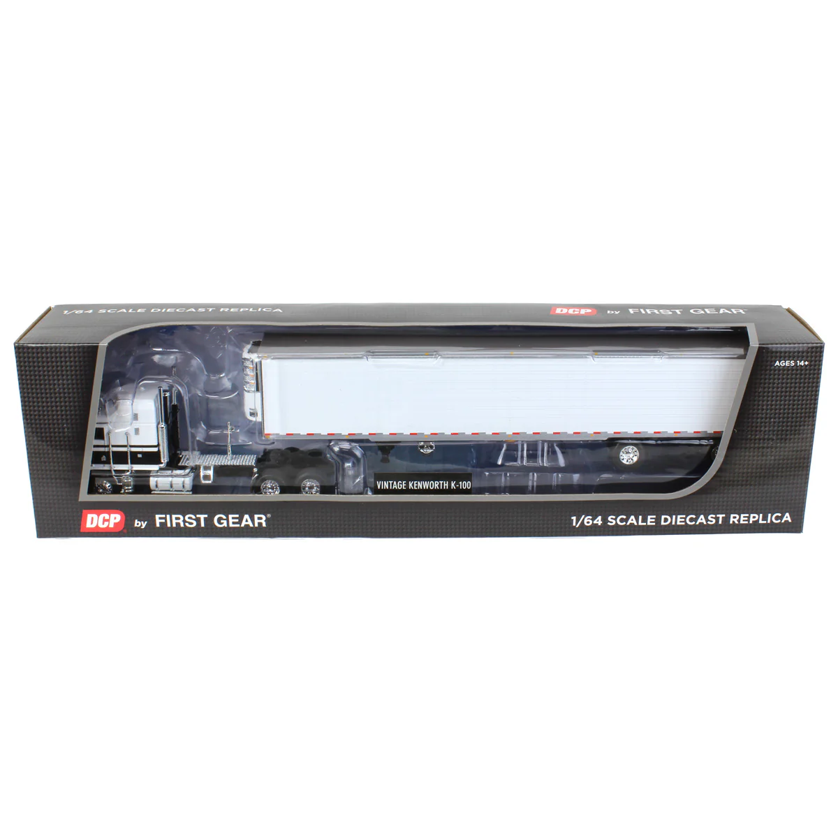 1/64 Kenworth K100 Aerodyne Long Frame Semi Truck with White Reefer Trailer, Black/White, DCP by First Gear - Image 5