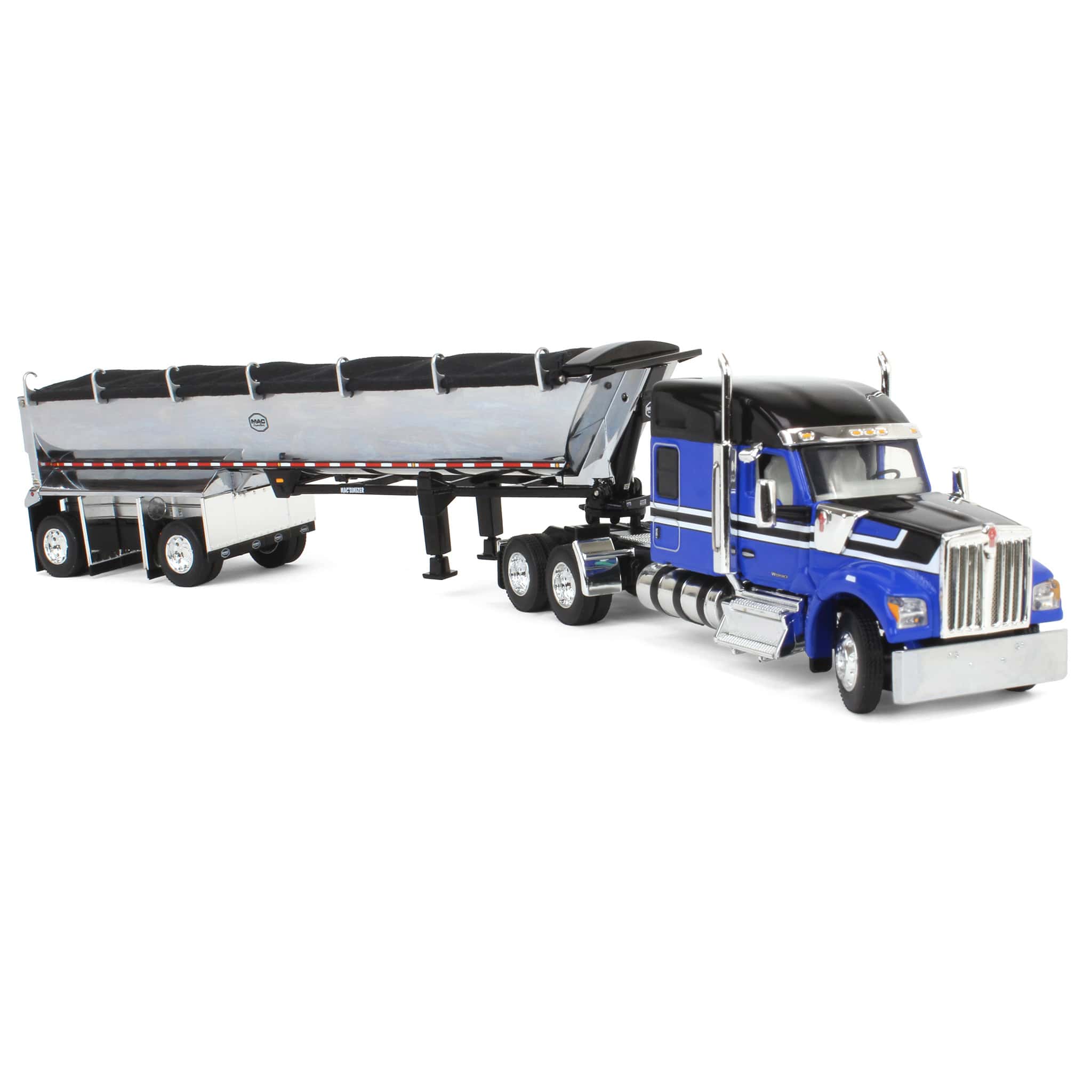 1/64 Blue & Black Kenworth W990 with Chrome MAC End Dump Trailer, DCP by First Gear - Image 2
