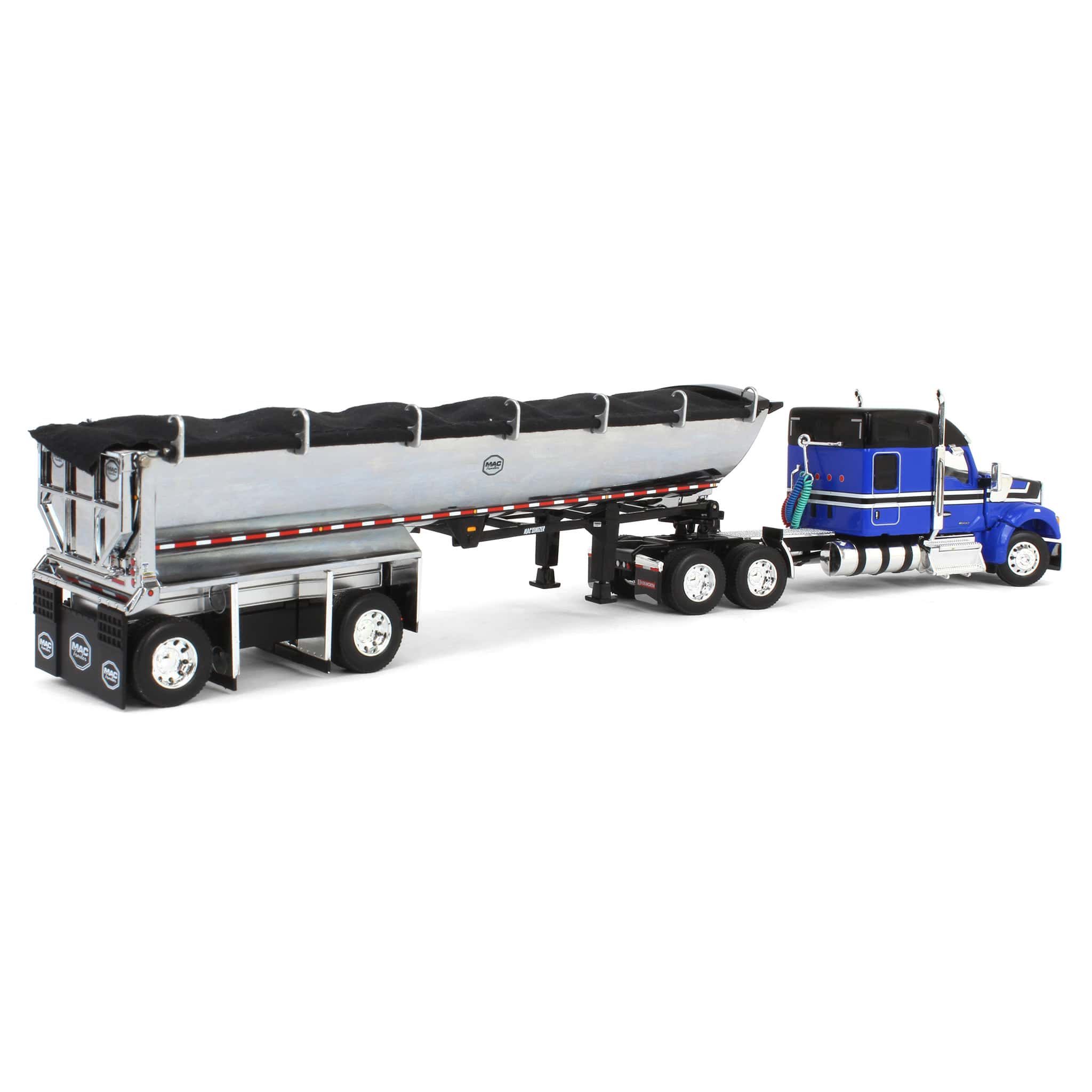 1/64 Blue & Black Kenworth W990 with Chrome MAC End Dump Trailer, DCP by First Gear - Image 3