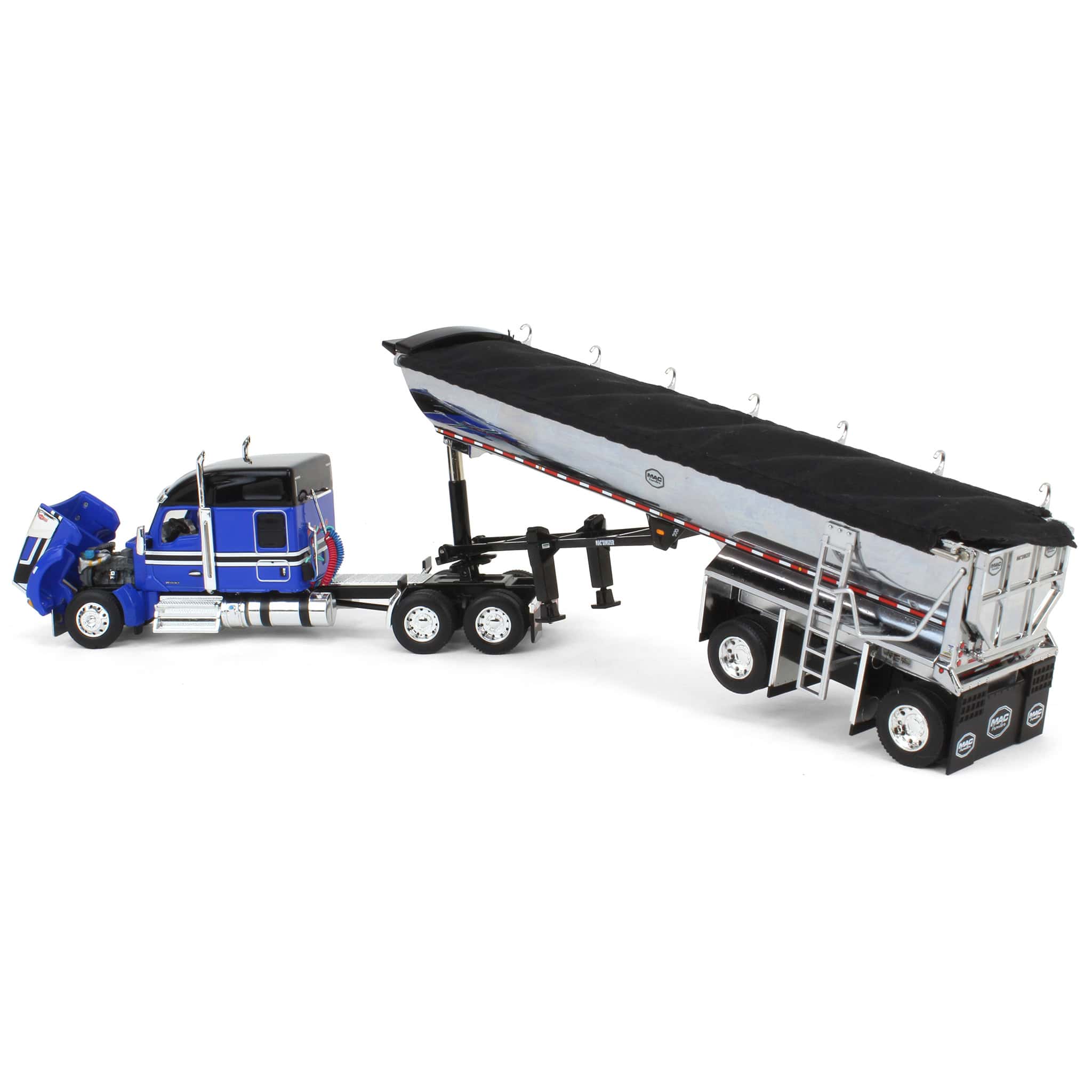 1/64 Blue & Black Kenworth W990 with Chrome MAC End Dump Trailer, DCP by First Gear - Image 4
