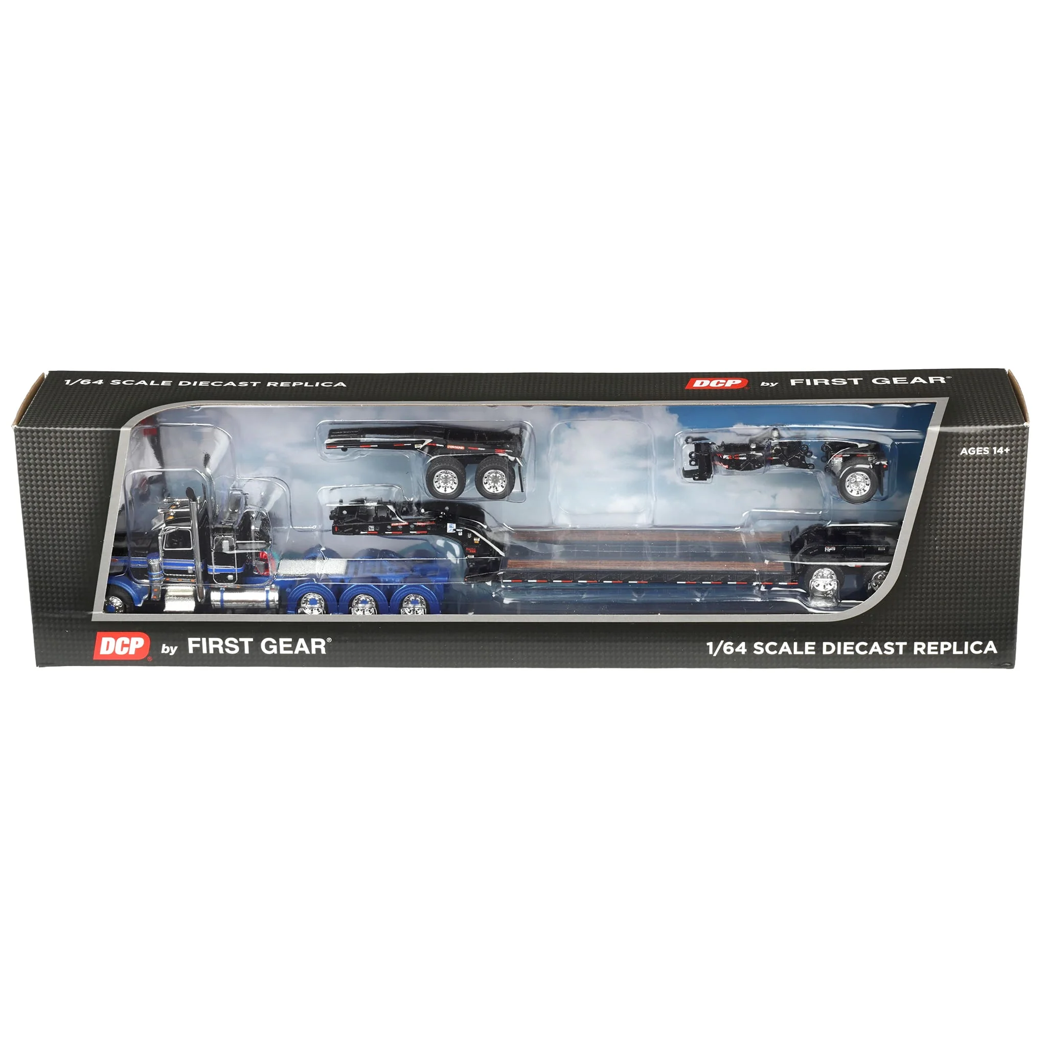 1/64 Blue/Black Peterbilt 389 Tri-Axle Semi with Fontaine Magnitude Lowboy Trailer, Jeep & Stinger, DCP by First Gear - Image 2