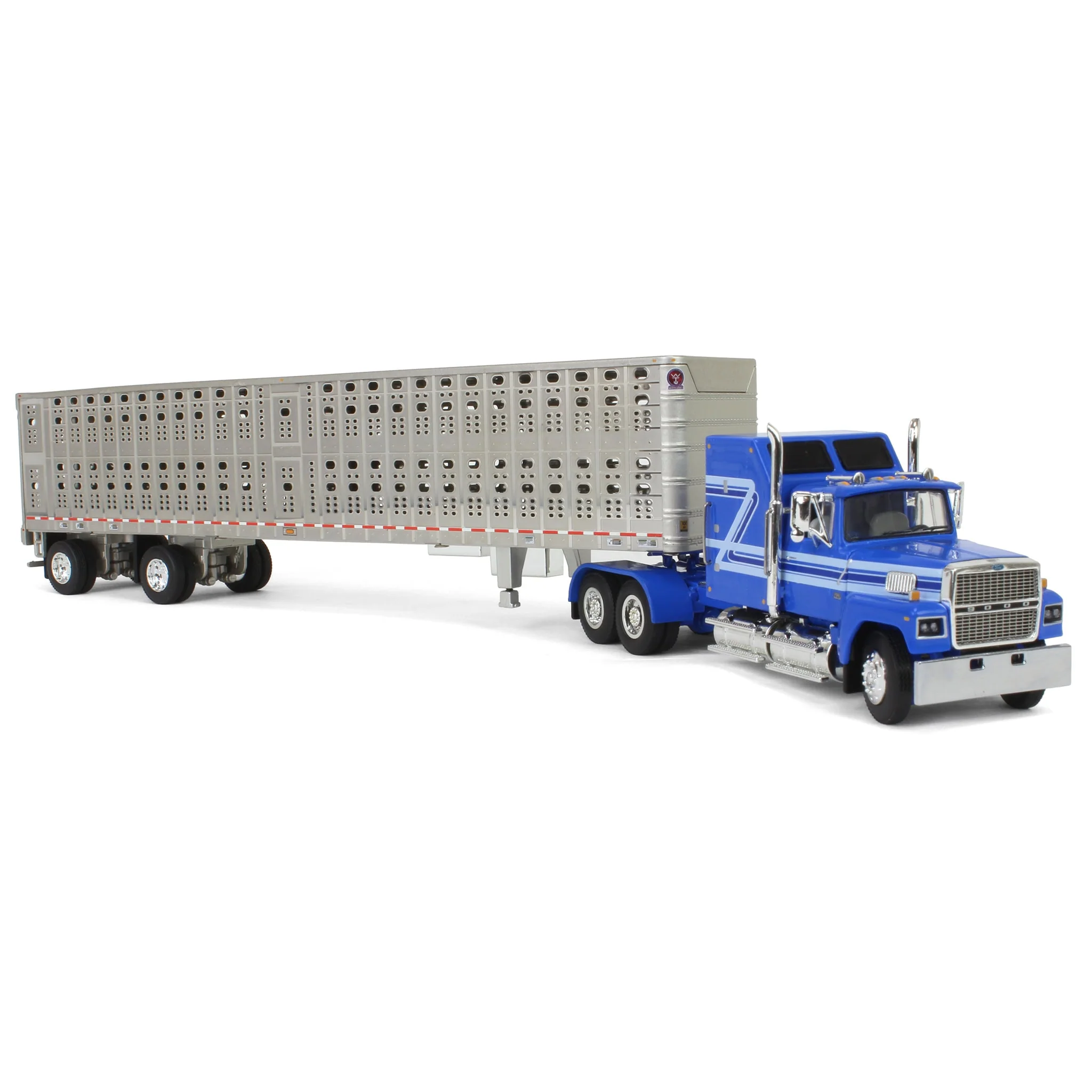 1/64 Blue Ford LTL 9000 60in Aerodyne Sleeper with Wilson Stockmaster PSAL Livestock Trailer, DCP by First Gear - Image 2