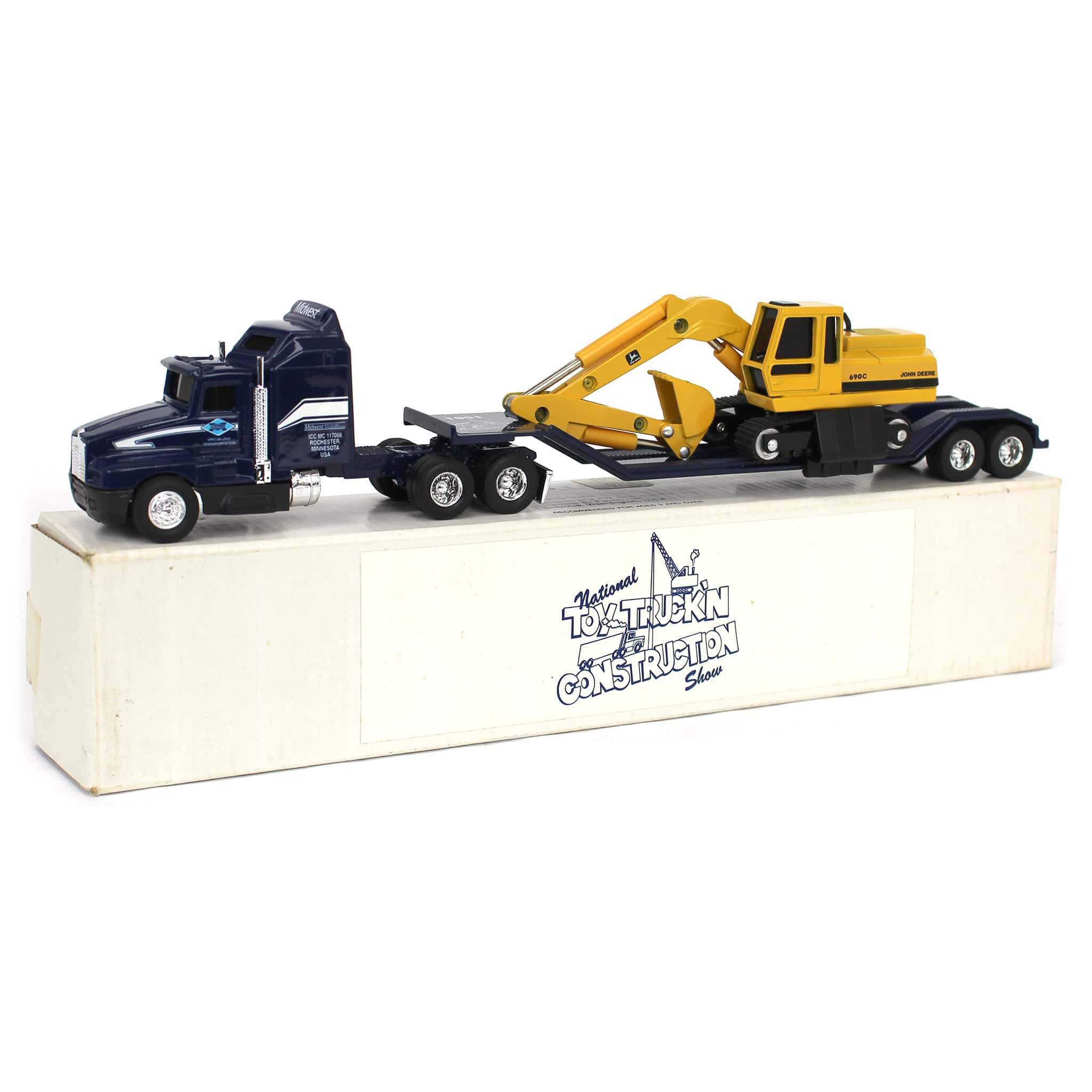 1/64 Blue Midwest Semi with Lowboy Trailer and John Deere 690C Excavator - Image 2