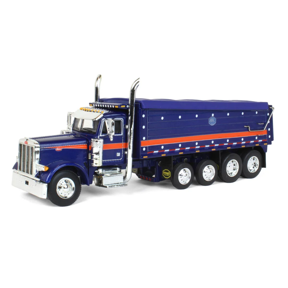 1/64 Blue/Orange Peterbilt 379 Semi Truck with Quad-Axle MAC Dump Body, DCP by First Gear