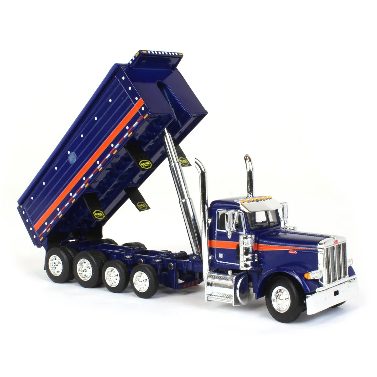 1/64 Blue/Orange Peterbilt 379 Semi Truck with Quad-Axle MAC Dump Body, DCP by First Gear - Image 2