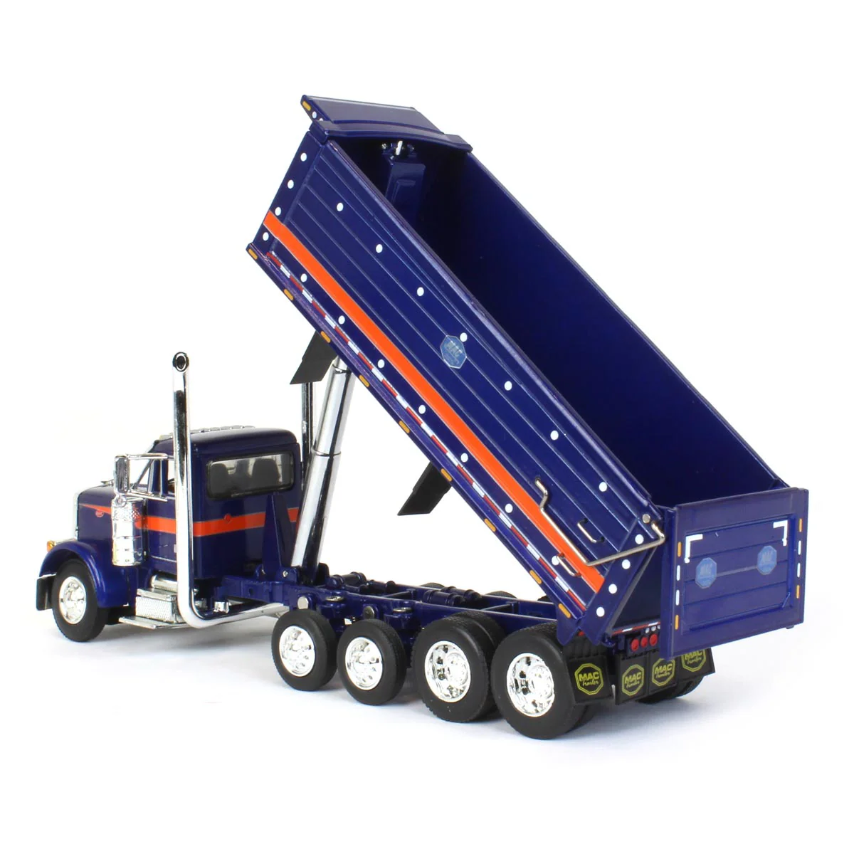 1/64 Blue/Orange Peterbilt 379 Semi Truck with Quad-Axle MAC Dump Body, DCP by First Gear - Image 3