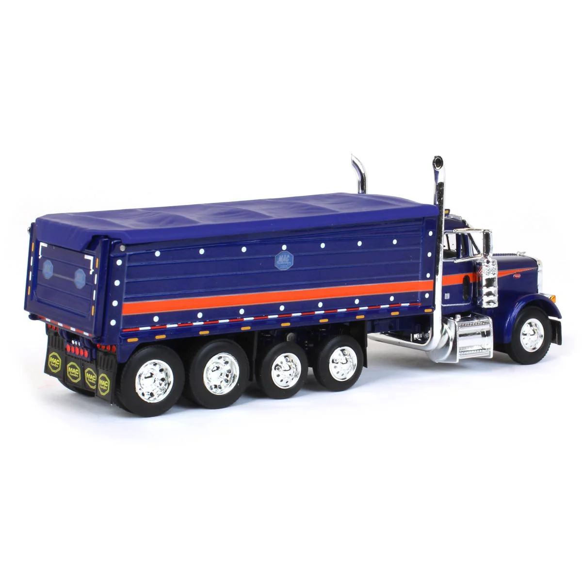 1/64 Blue/Orange Peterbilt 379 Semi Truck with Quad-Axle MAC Dump Body, DCP by First Gear - Image 4