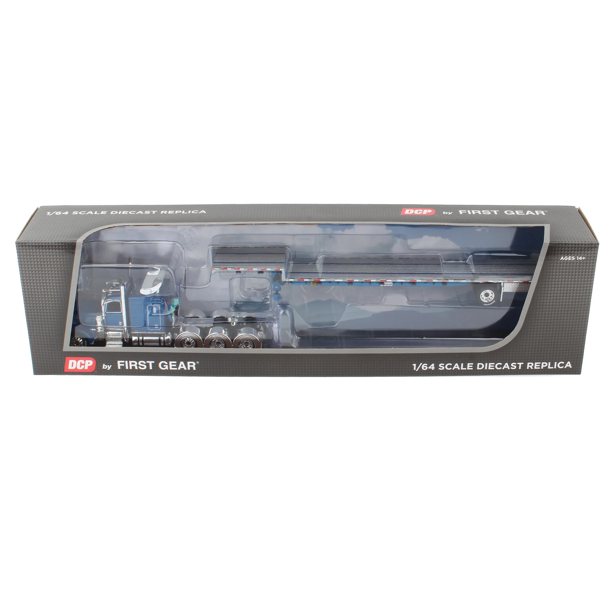 1/64 Blue Peterbilt 389 Sleeper with Transcraft Step Deck Trailer, DCP by First Gear