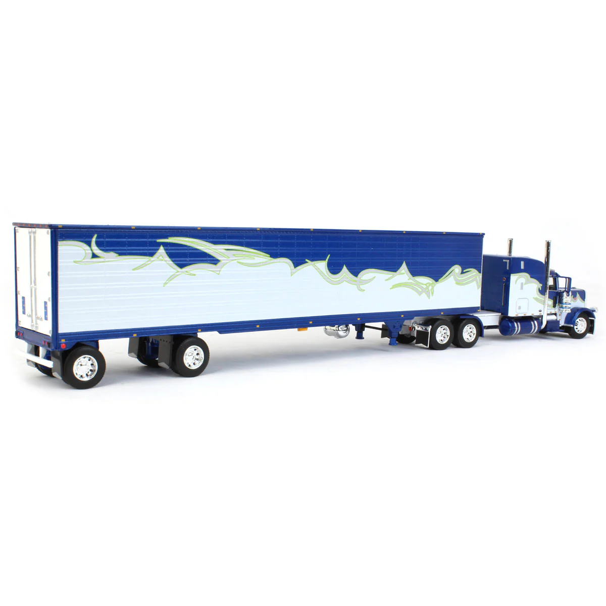 1/64 Blue/Silver/Lime Peterbilt 389 Semi Truck with Utility Ribbed Spread-Axle Reefer, DCP by First Gear - Image 3