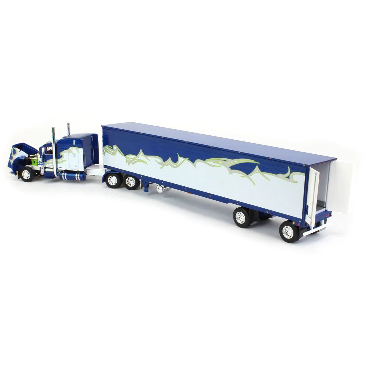 1/64 Blue/Silver/Lime Peterbilt 389 Semi Truck with Utility Ribbed Spread-Axle Reefer, DCP by First Gear - Image 4