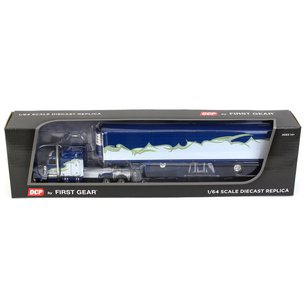 1/64 Blue/Silver/Lime Peterbilt 389 Semi Truck with Utility Ribbed Spread-Axle Reefer, DCP by First Gear - Image 5
