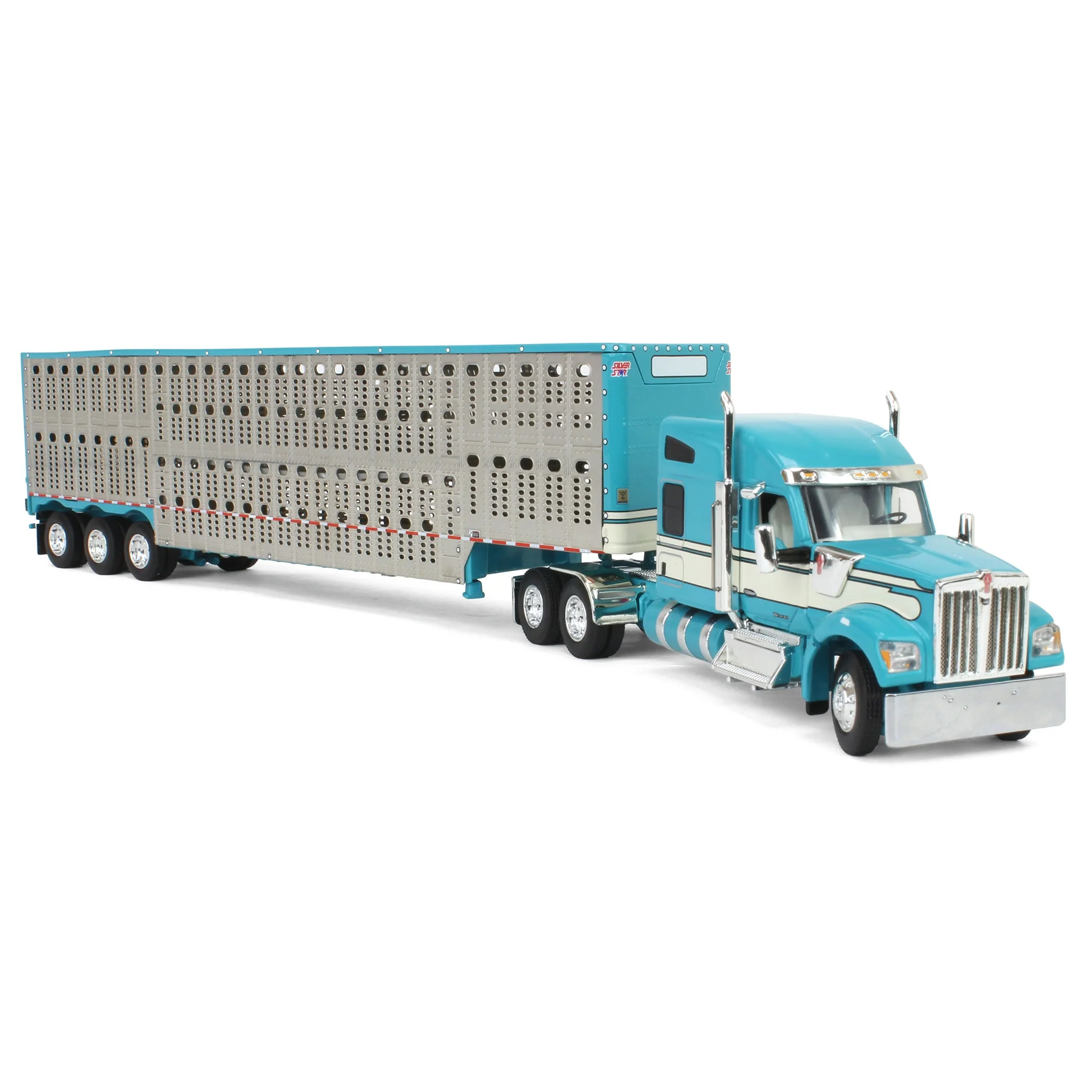 1/64 Turquoise/Cream Kenworth W990 Semi Truck with Wilson Silverstar Livestock Trailer, DCP by First Gear - Image 2