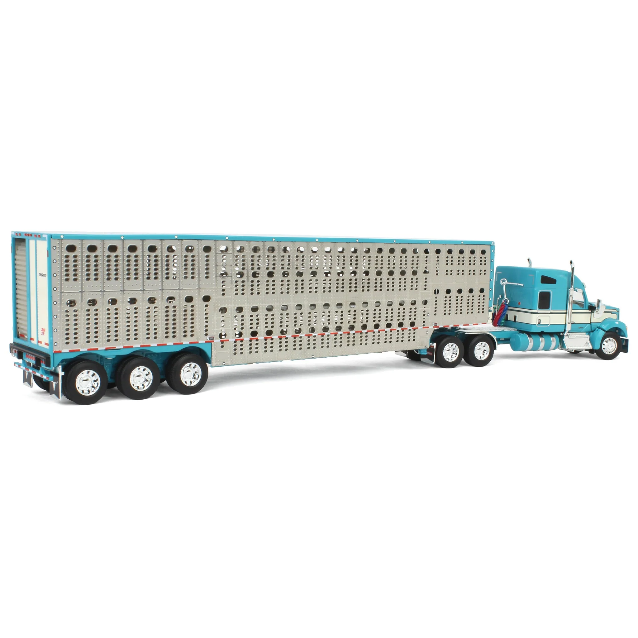 1/64 Turquoise/Cream Kenworth W990 Semi Truck with Wilson Silverstar Livestock Trailer, DCP by First Gear - Image 3