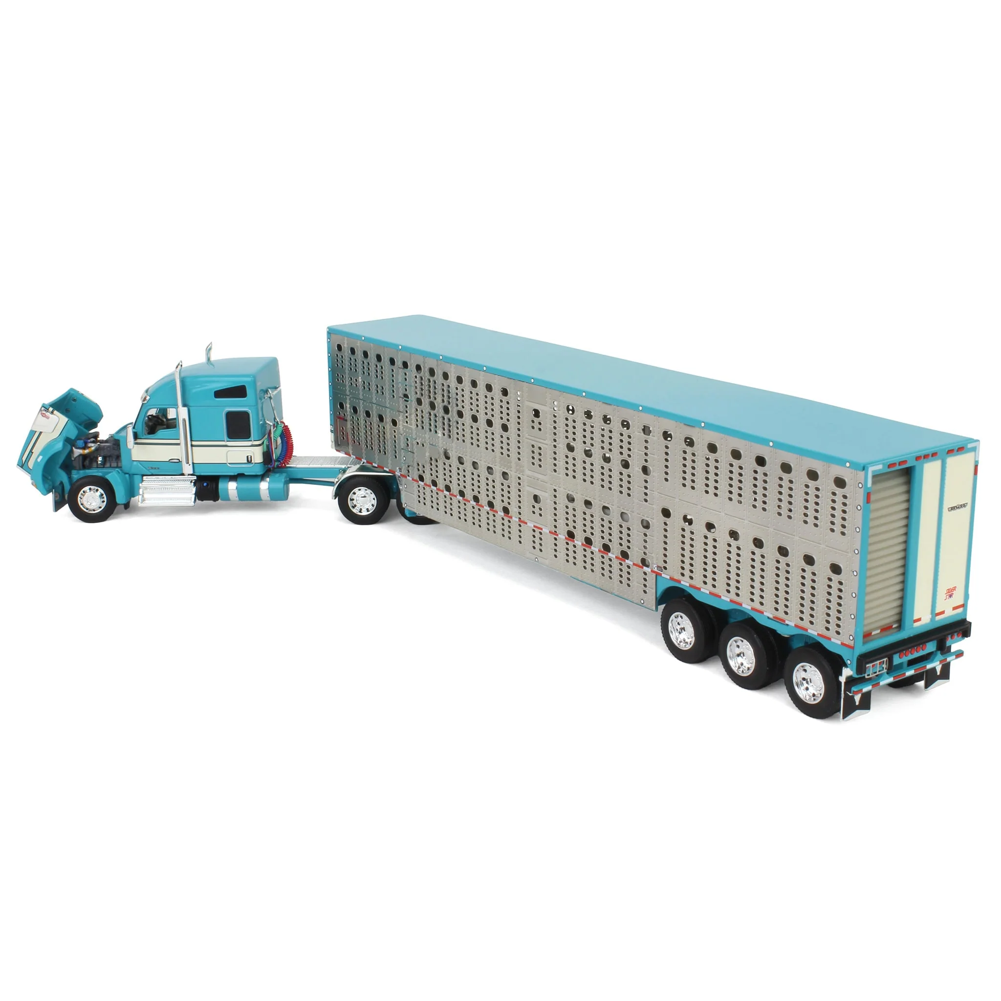 1/64 Turquoise/Cream Kenworth W990 Semi Truck with Wilson Silverstar Livestock Trailer, DCP by First Gear - Image 4