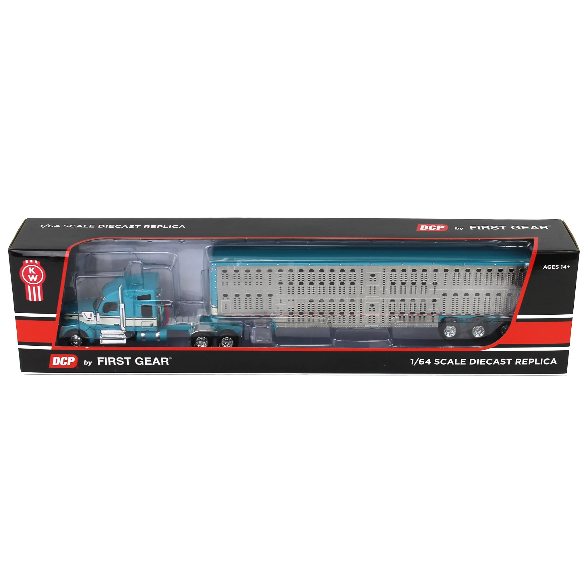 1/64 Turquoise/Cream Kenworth W990 Semi Truck with Wilson Silverstar Livestock Trailer, DCP by First Gear - Image 5