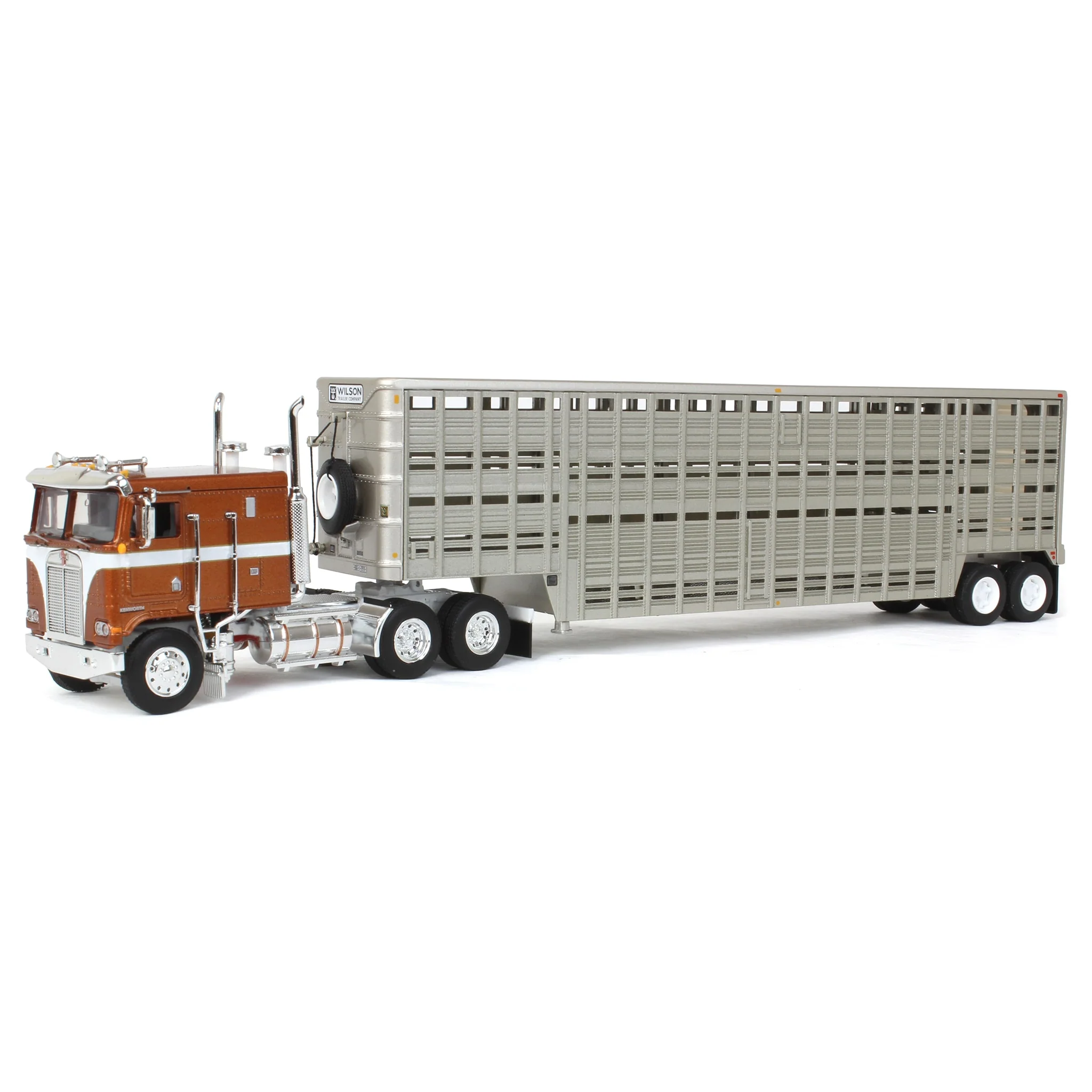 1/64 Brown Kenworth K100 COE Flattop with 45ft Wilson Vintage Livestock Trailer, DCP by First Gear