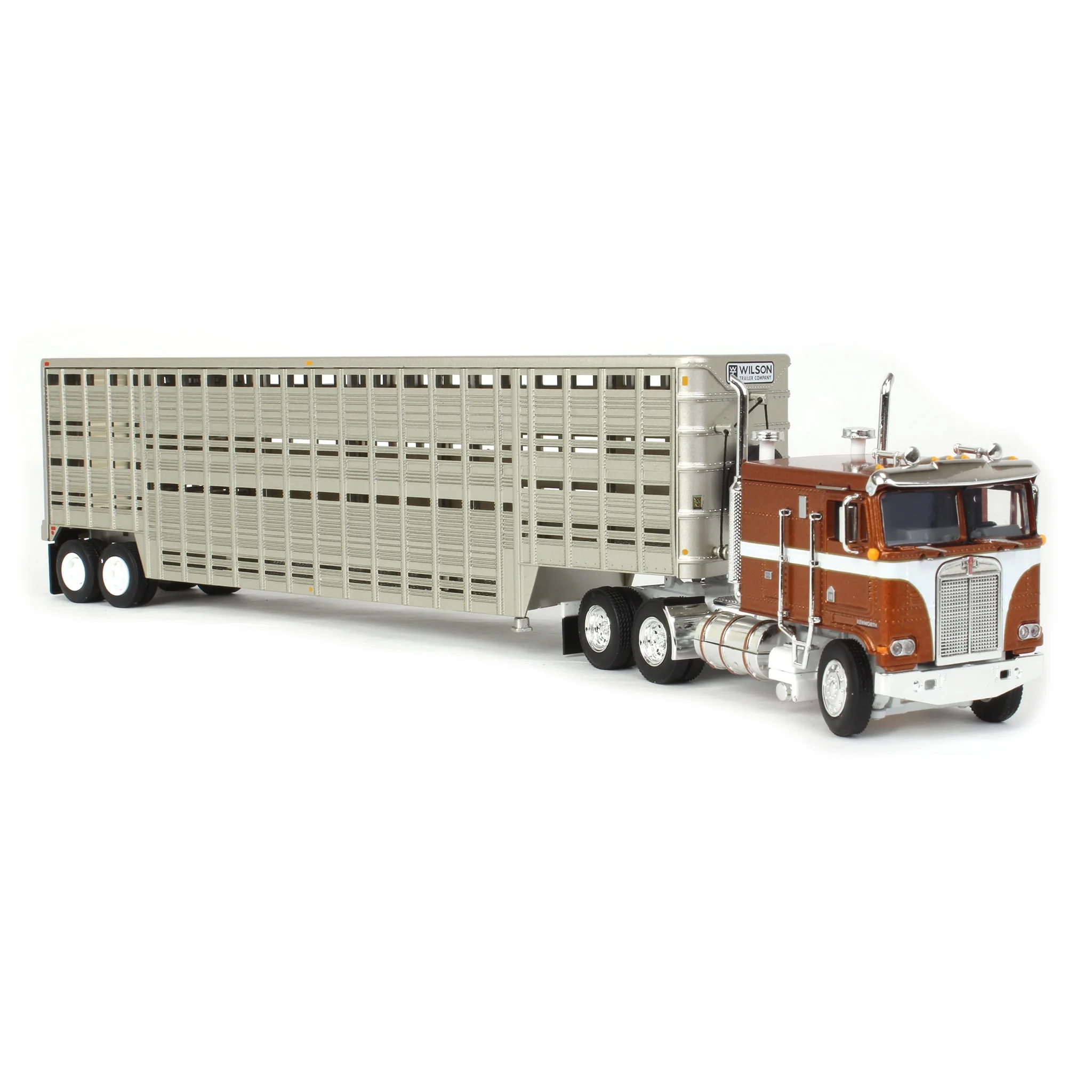 1/64 Brown Kenworth K100 COE Flattop with 45ft Wilson Vintage Livestock Trailer, DCP by First Gear - Image 2