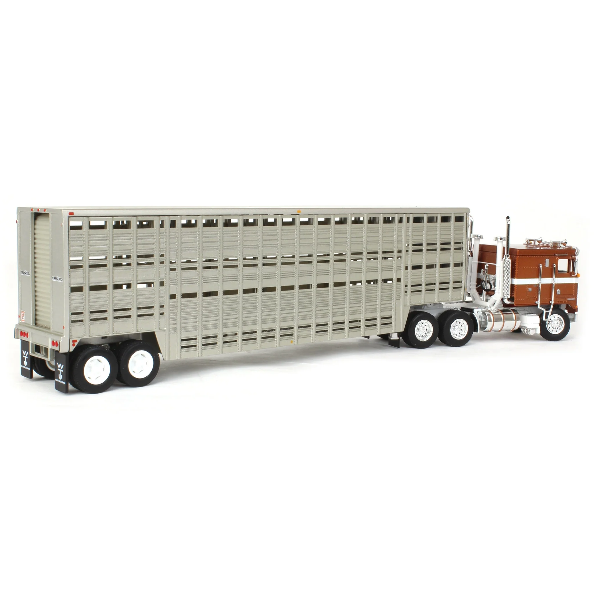 1/64 Brown Kenworth K100 COE Flattop with 45ft Wilson Vintage Livestock Trailer, DCP by First Gear - Image 3