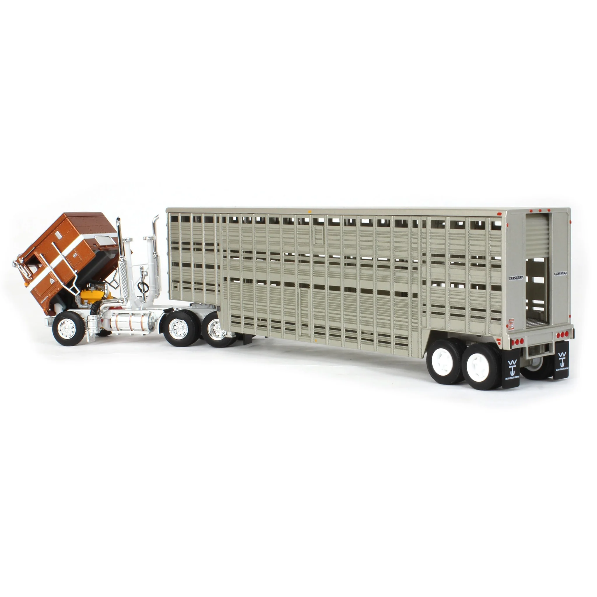 1/64 Brown Kenworth K100 COE Flattop with 45ft Wilson Vintage Livestock Trailer, DCP by First Gear - Image 4