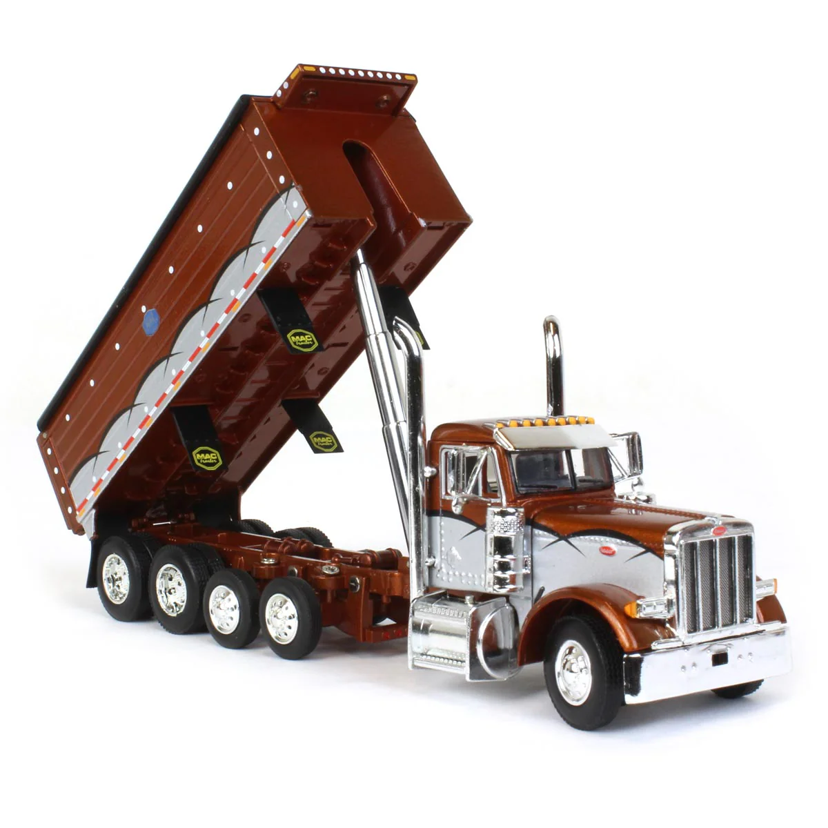 1/64 Brown/Silver Peterbilt 379 Semi Truck with Quad-Axle MAC Dump Body, DCP by First Gear - Image 2