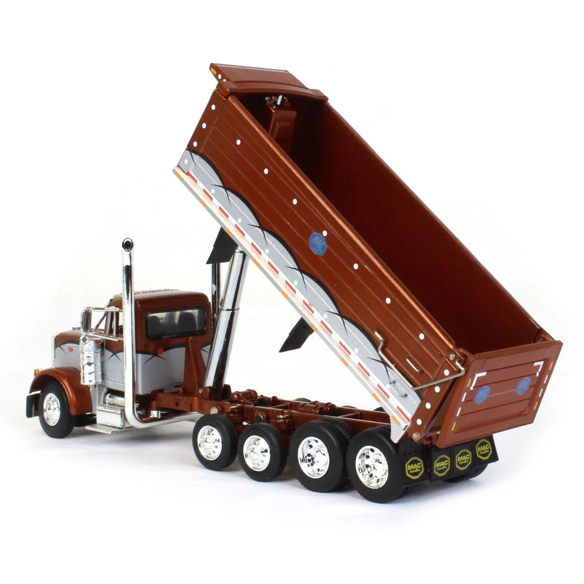 1/64 Brown/Silver Peterbilt 379 Semi Truck with Quad-Axle MAC Dump Body, DCP by First Gear - Image 3