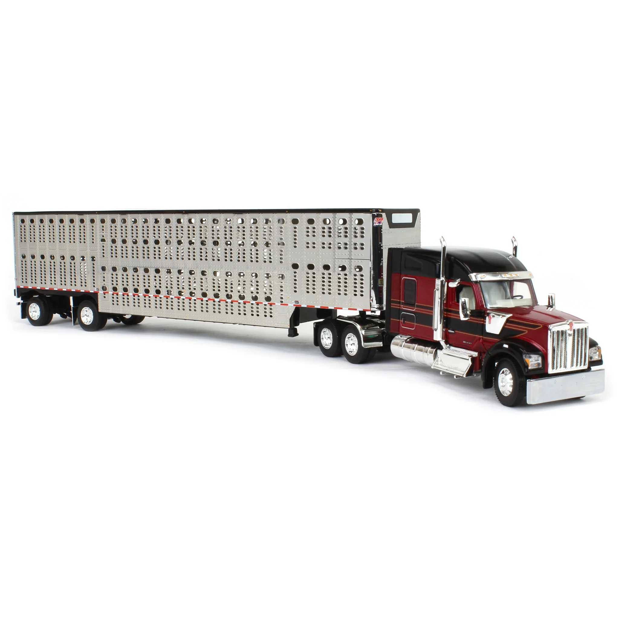 1/64 Burgundy & Black Kenworth W990 with Wilson Silverstar Livestock Trailer, DCP by First Gear - Image 2