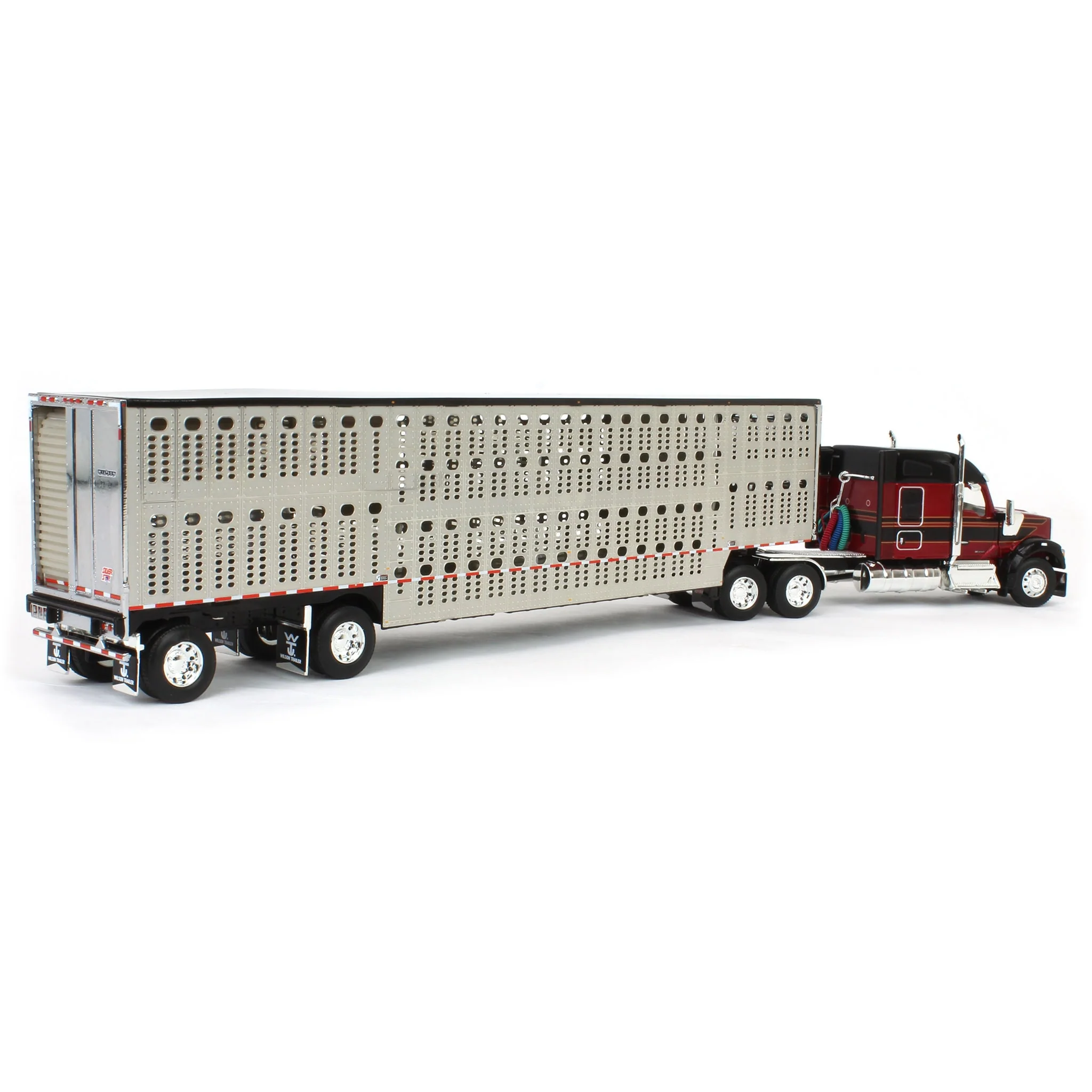1/64 Burgundy & Black Kenworth W990 with Wilson Silverstar Livestock Trailer, DCP by First Gear - Image 3