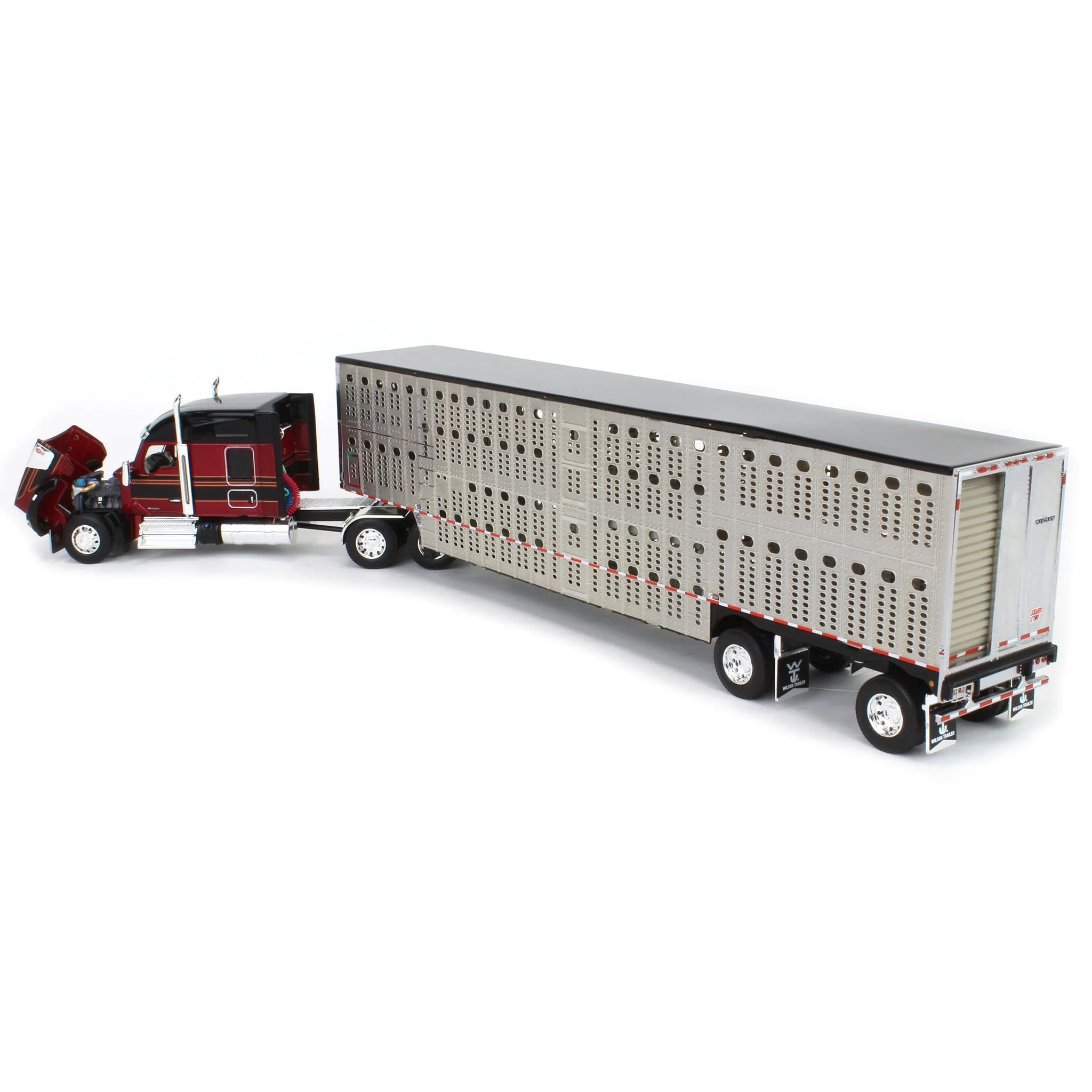1/64 Burgundy & Black Kenworth W990 with Wilson Silverstar Livestock Trailer, DCP by First Gear - Image 4