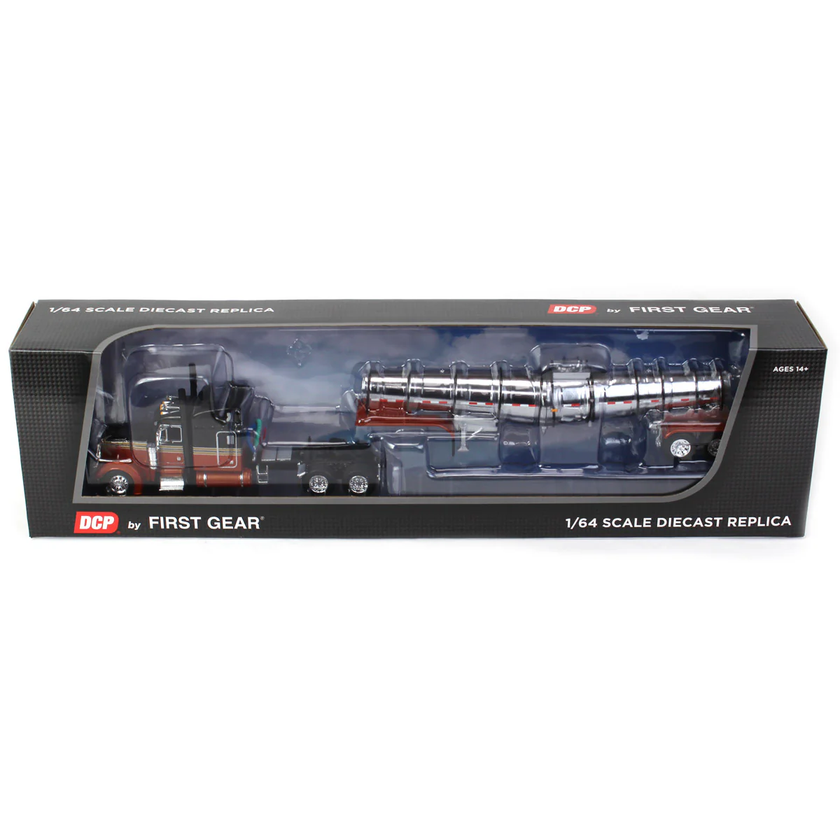 1/64 Burnt Orange Peterbilt 379 Semi Truck with 63in Mid-Roof Sleeper & Polar Deep Drop Tanker, DCP by First Gear - Image 5