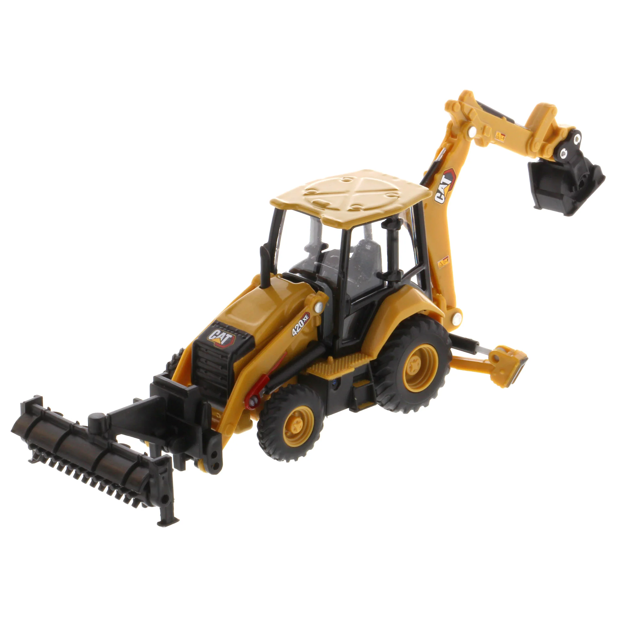 1/64 Caterpillar 420 XE Backhoe Loader with Auger, Forks, Handling Arm & Hammer by Diecast Masters - Image 2
