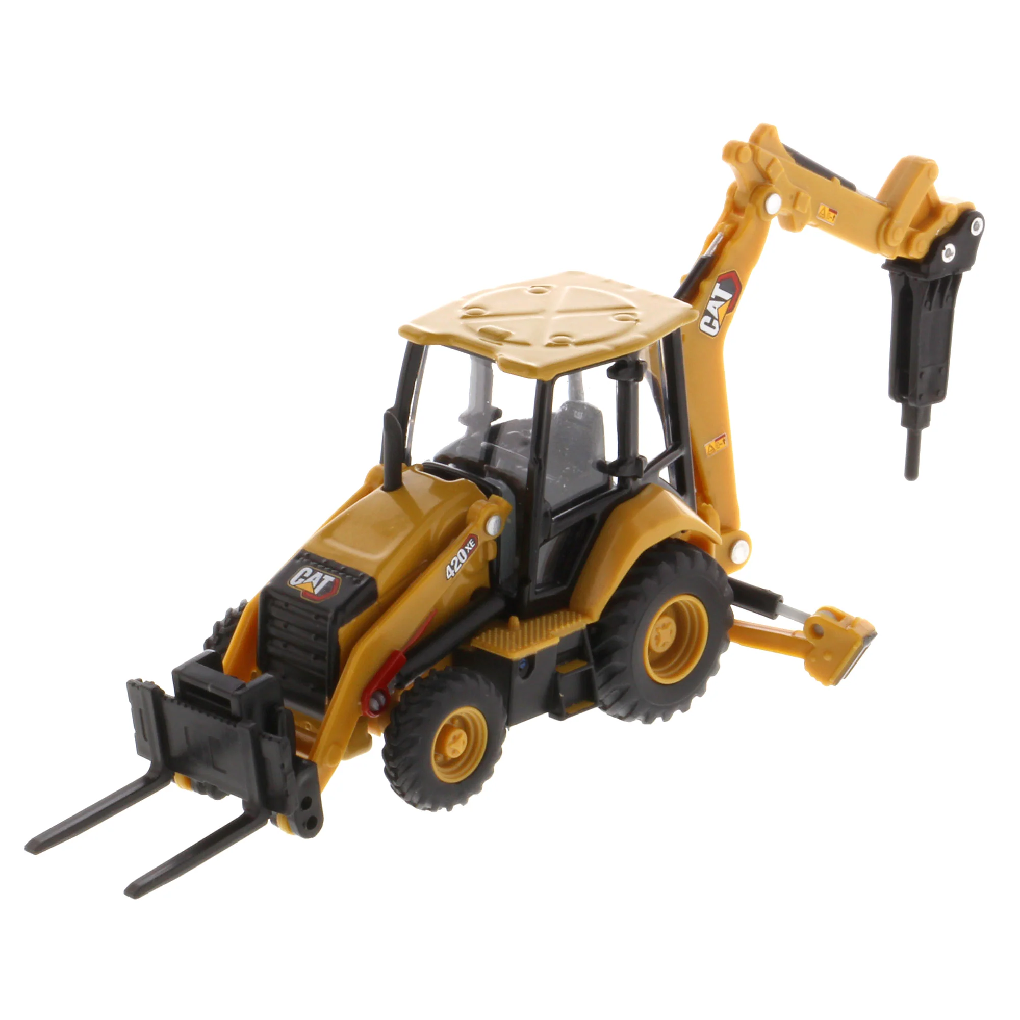 1/64 Caterpillar 420 XE Backhoe Loader with Auger, Forks, Handling Arm & Hammer by Diecast Masters - Image 3