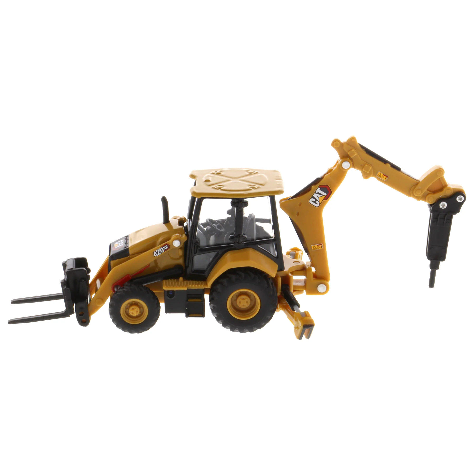 1/64 Caterpillar 420 XE Backhoe Loader with Auger, Forks, Handling Arm & Hammer by Diecast Masters - Image 6