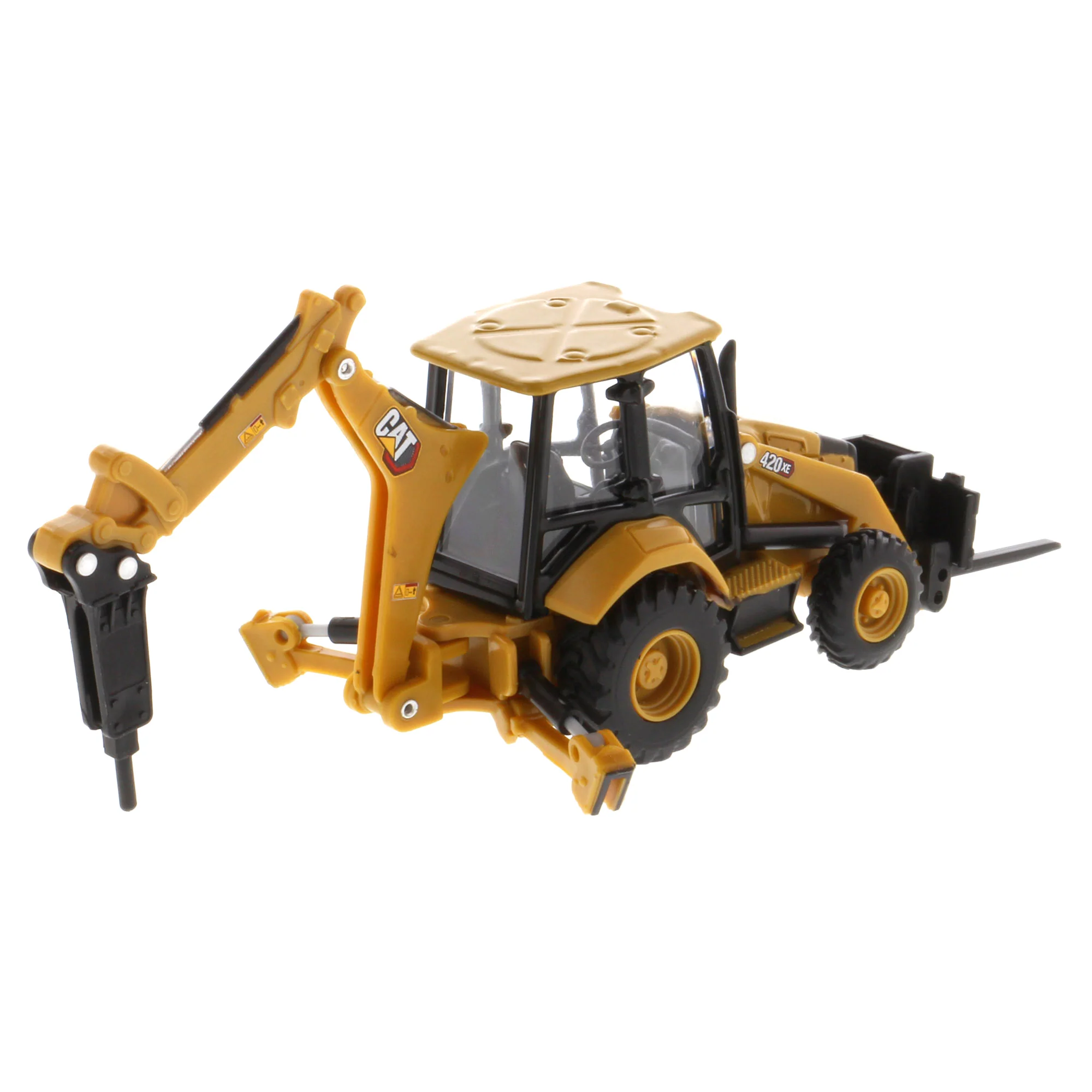 1/64 Caterpillar 420 XE Backhoe Loader with Auger, Forks, Handling Arm & Hammer by Diecast Masters - Image 9