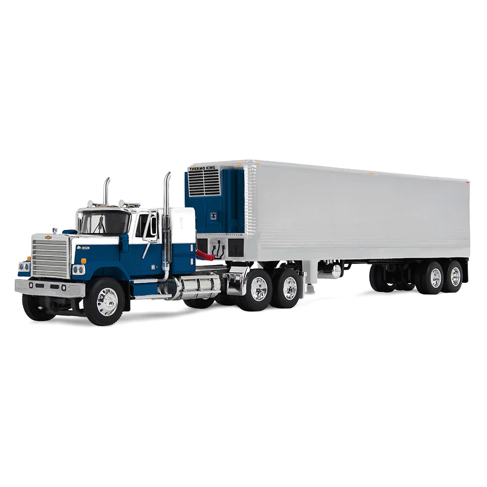 1/64 Chevrolet Bison Semi Truck with 40ft Vintage Trailer & Reefer, Blue/Chrome, DCP by First Gear