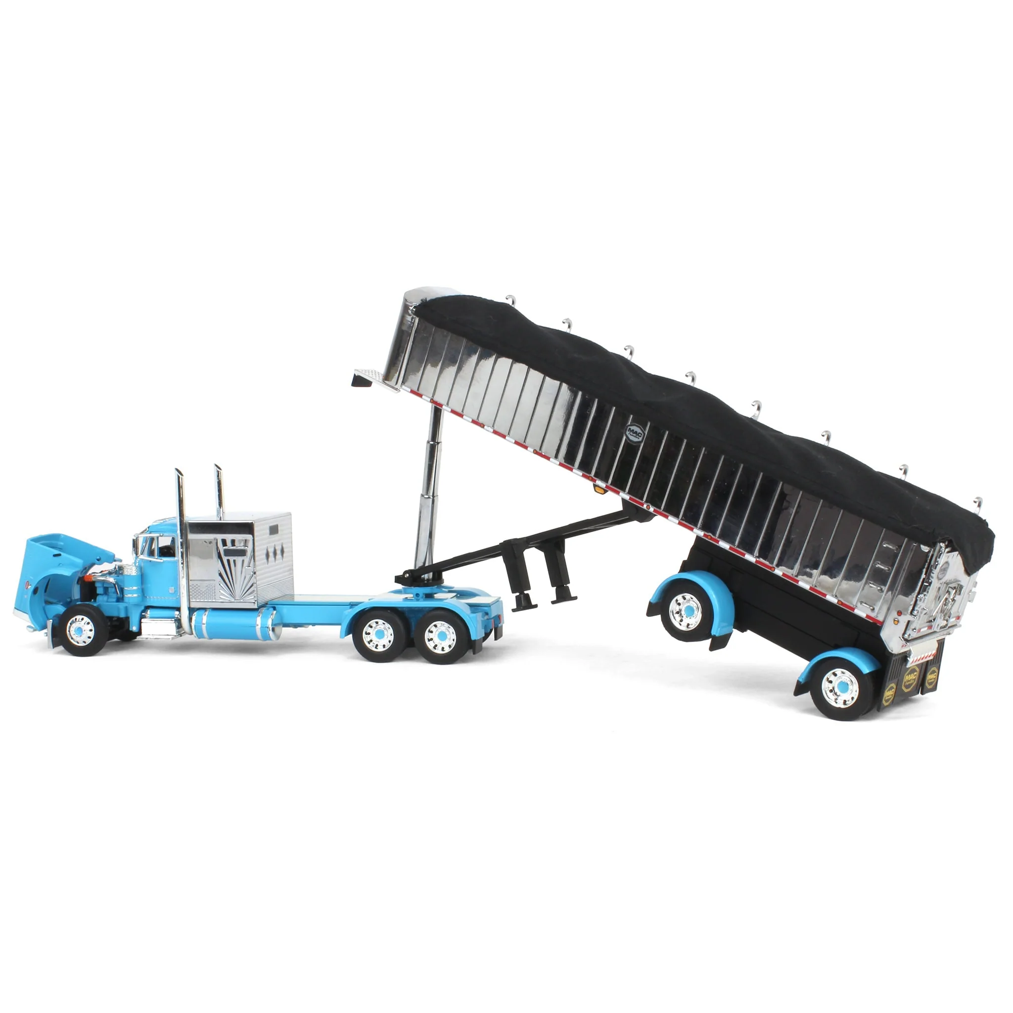 1/64 Cyan Peterbilt 379 Semi Truck with 60in Vintage Sleeper & MAC Coal End Dump Trailer, DCP by First Gear - Image 4