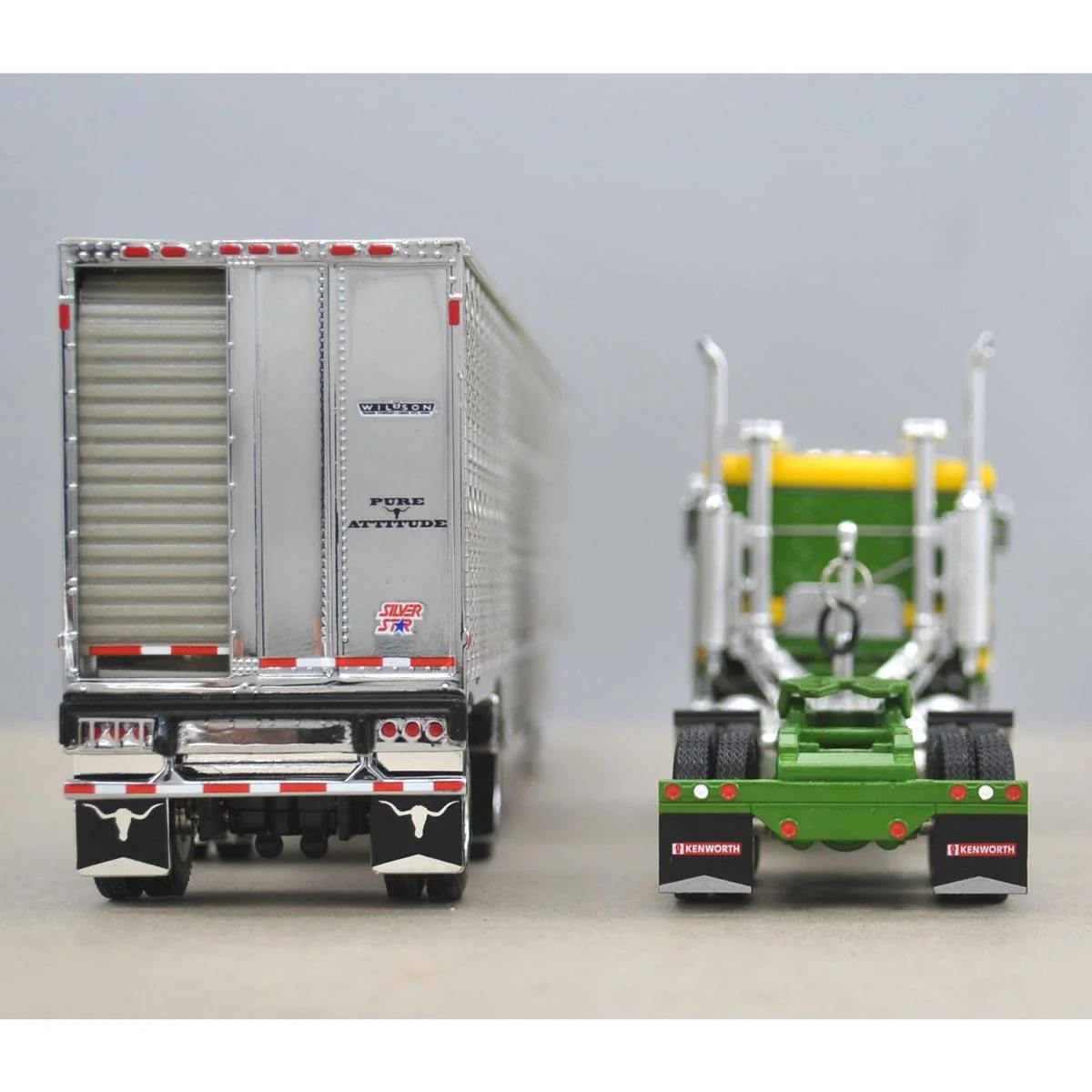 1/64 DCP Green & Yellow Kenworth K100 Long Frame with Wilson Livestock Trailer, Hilton Trucking - Image 3