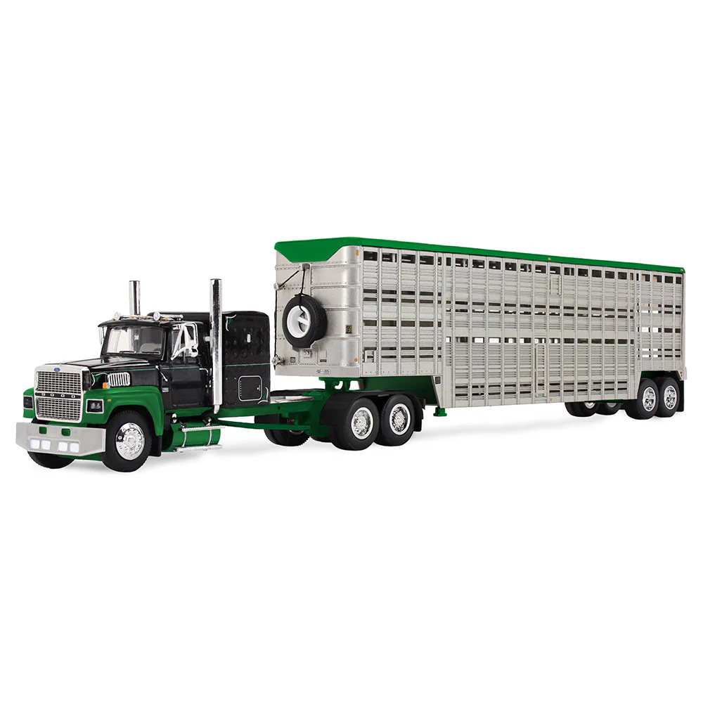 1/64 Ford LTL 9000 Semi Truck with 45ft Wilson Vintage Livestock Trailer, Black/Green, DCP by First Gear