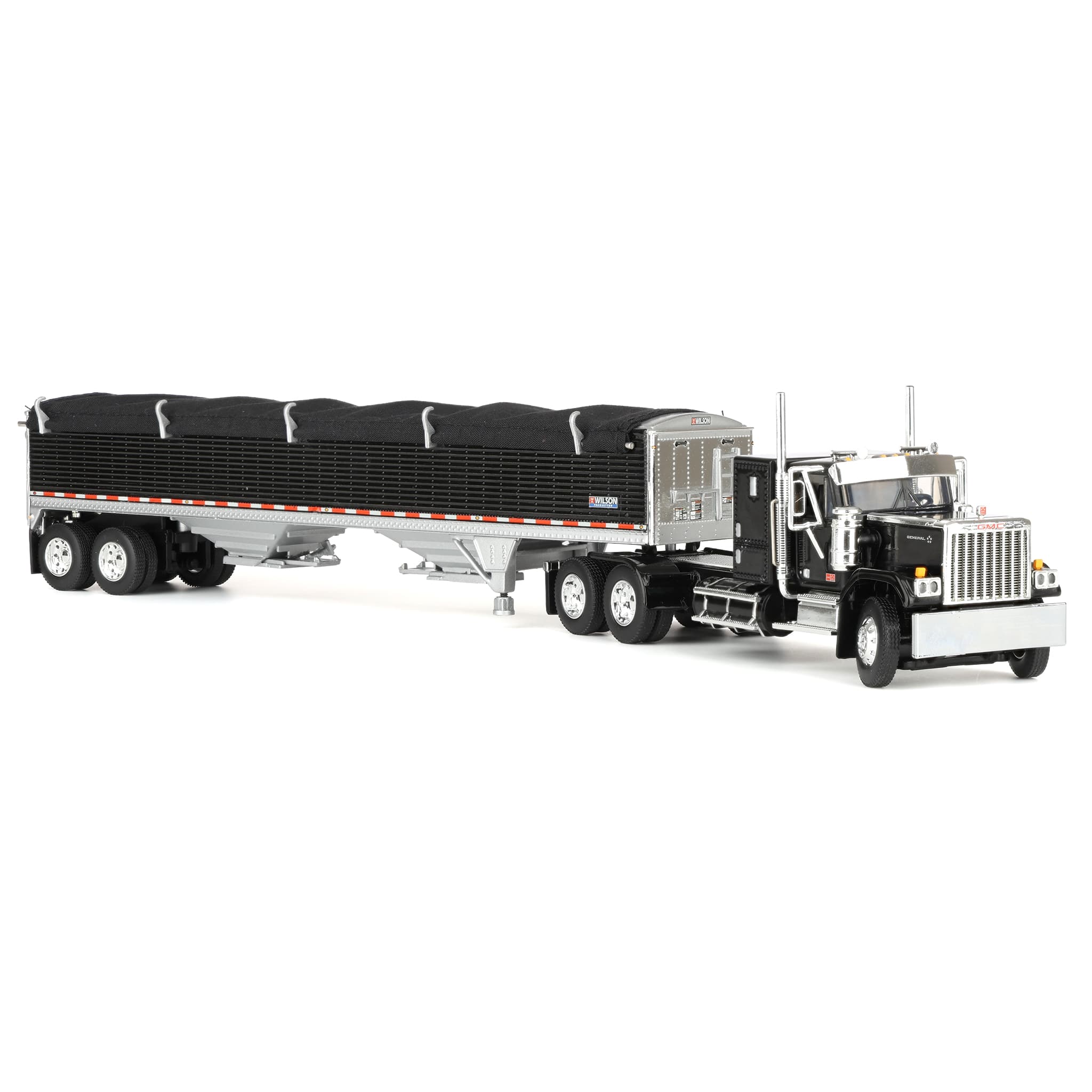 1/64 GMC General Semi Truck with Tandem Axle Wilson Pacesetter Grain Trailer, Black/White, DCP by First Gear - Image 2