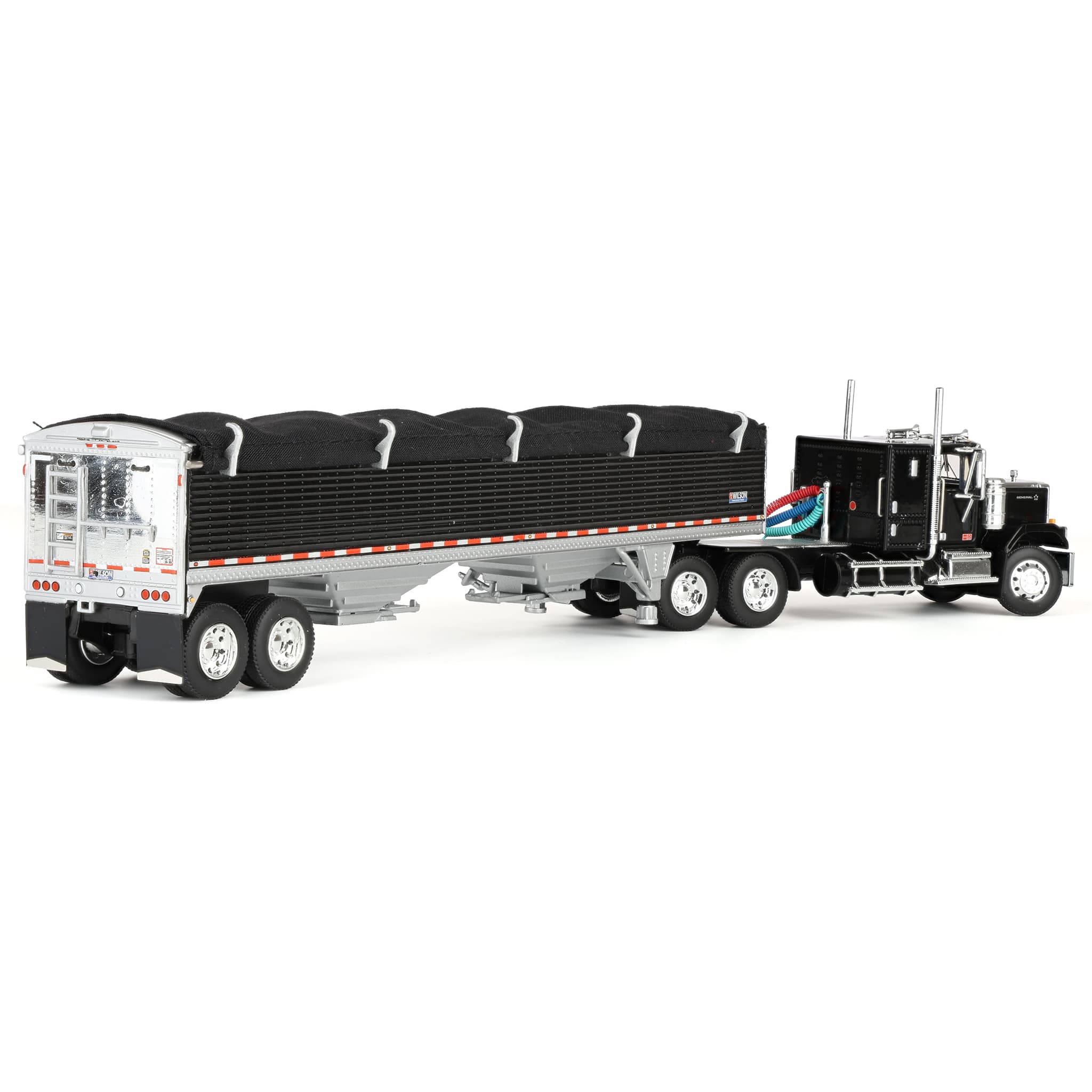 1/64 GMC General Semi Truck with Tandem Axle Wilson Pacesetter Grain Trailer, Black/White, DCP by First Gear - Image 3