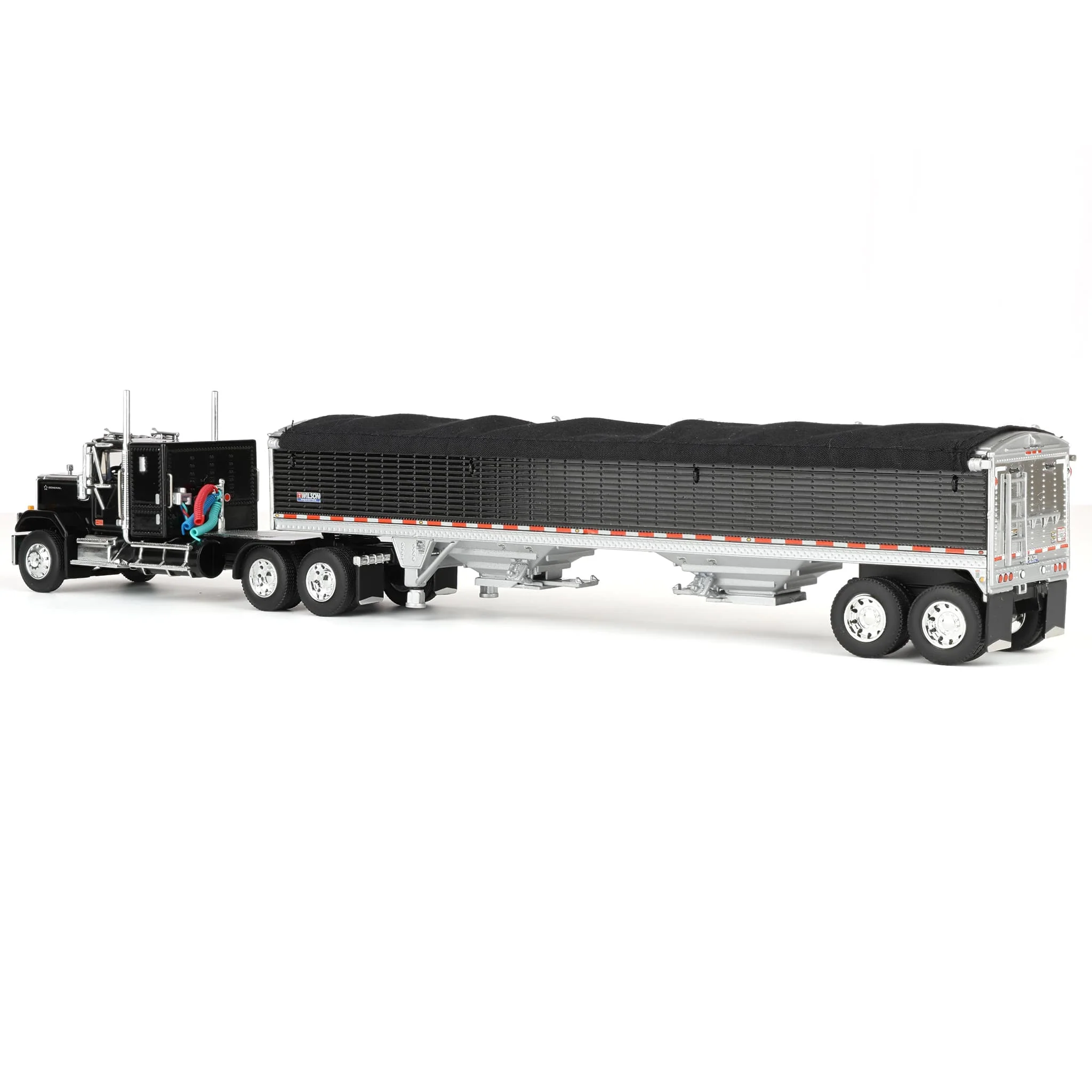 1/64 GMC General Semi Truck with Tandem Axle Wilson Pacesetter Grain Trailer, Black/White, DCP by First Gear - Image 4