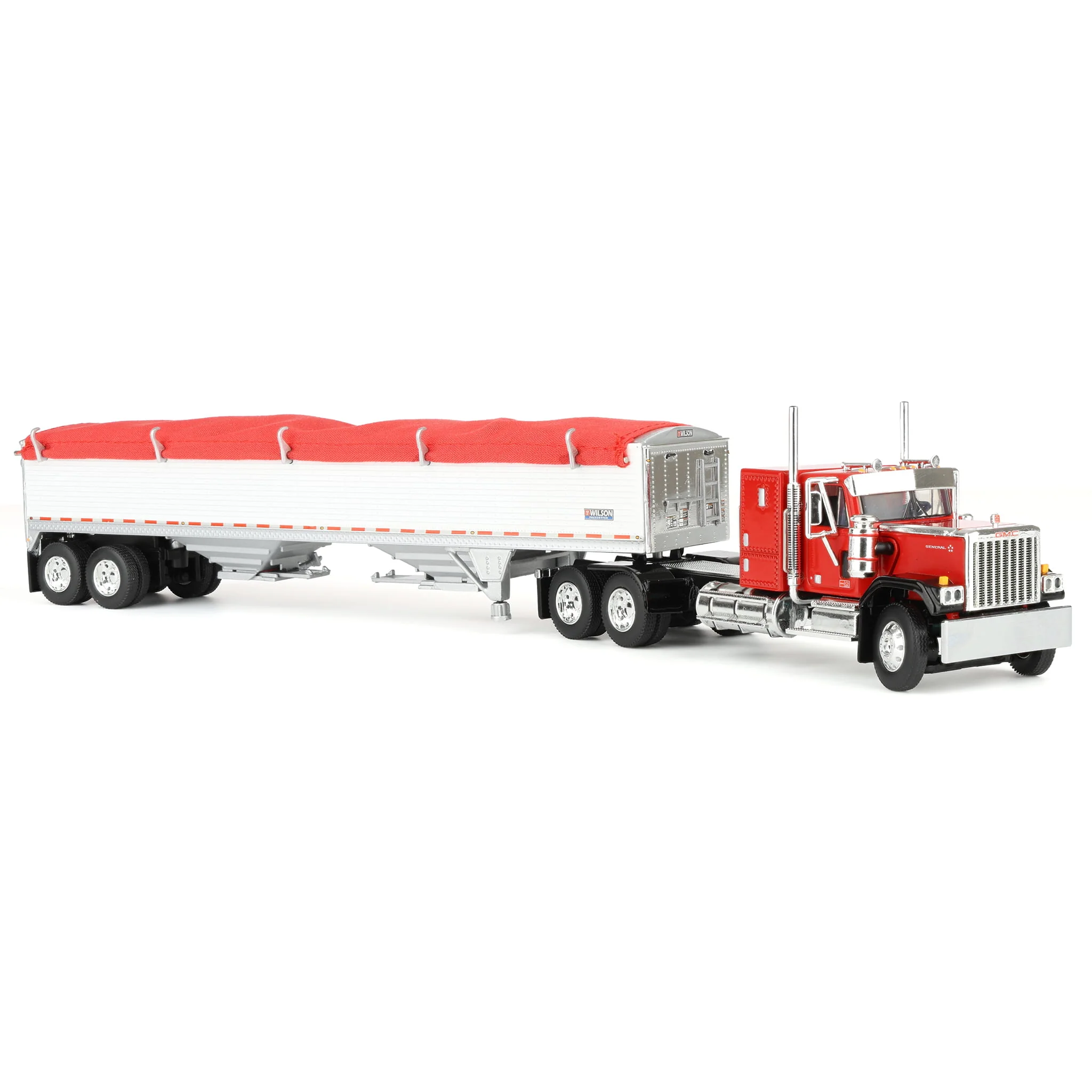 1/64 GMC General Semi Truck with Tandem Axle Wilson Pacesetter Grain Trailer, Red/White, DCP by First Gear - Image 2