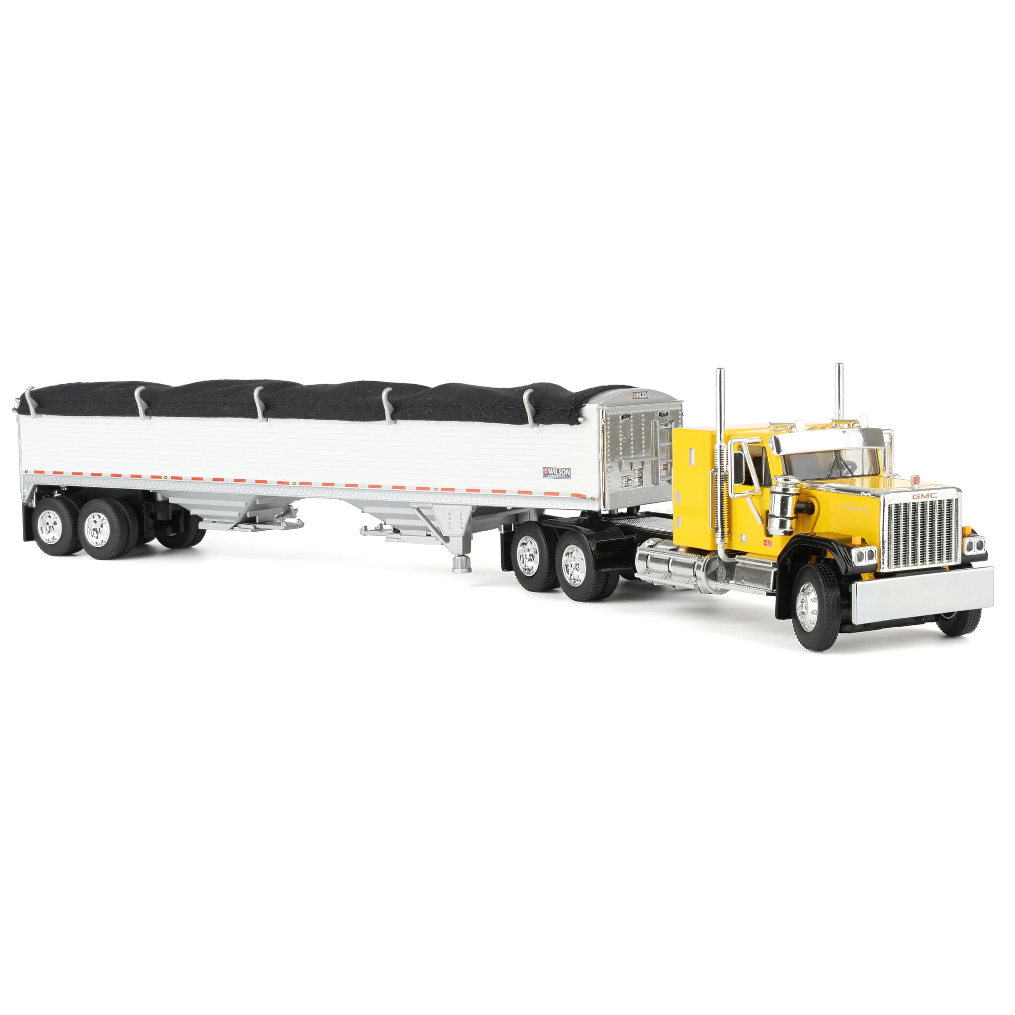 1/64 GMC General Semi Truck with Tandem Axle Wilson Pacesetter Grain Trailer, Yellow/White, DCP by First Gear - Image 2
