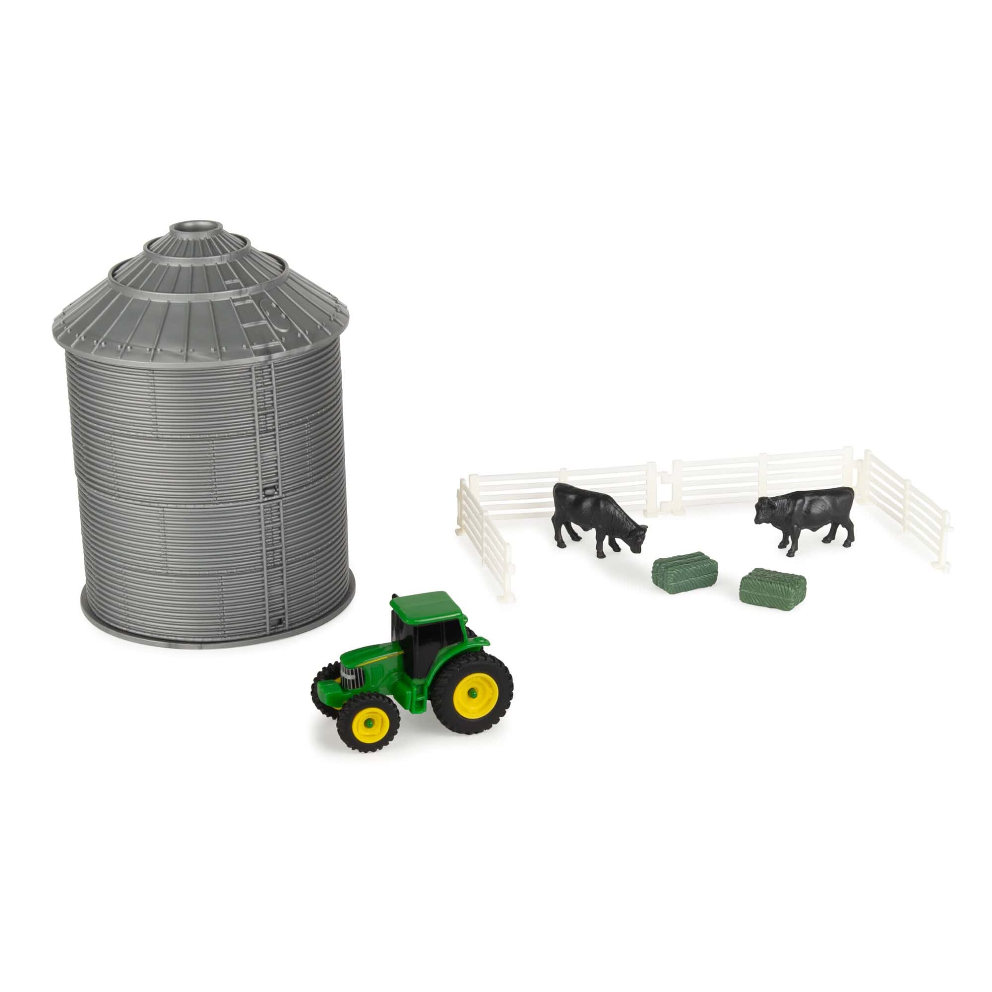 1/64 John Deere Grain Bin Set by ERTL with Tractor, Cattle, Hay Bales & Fence
